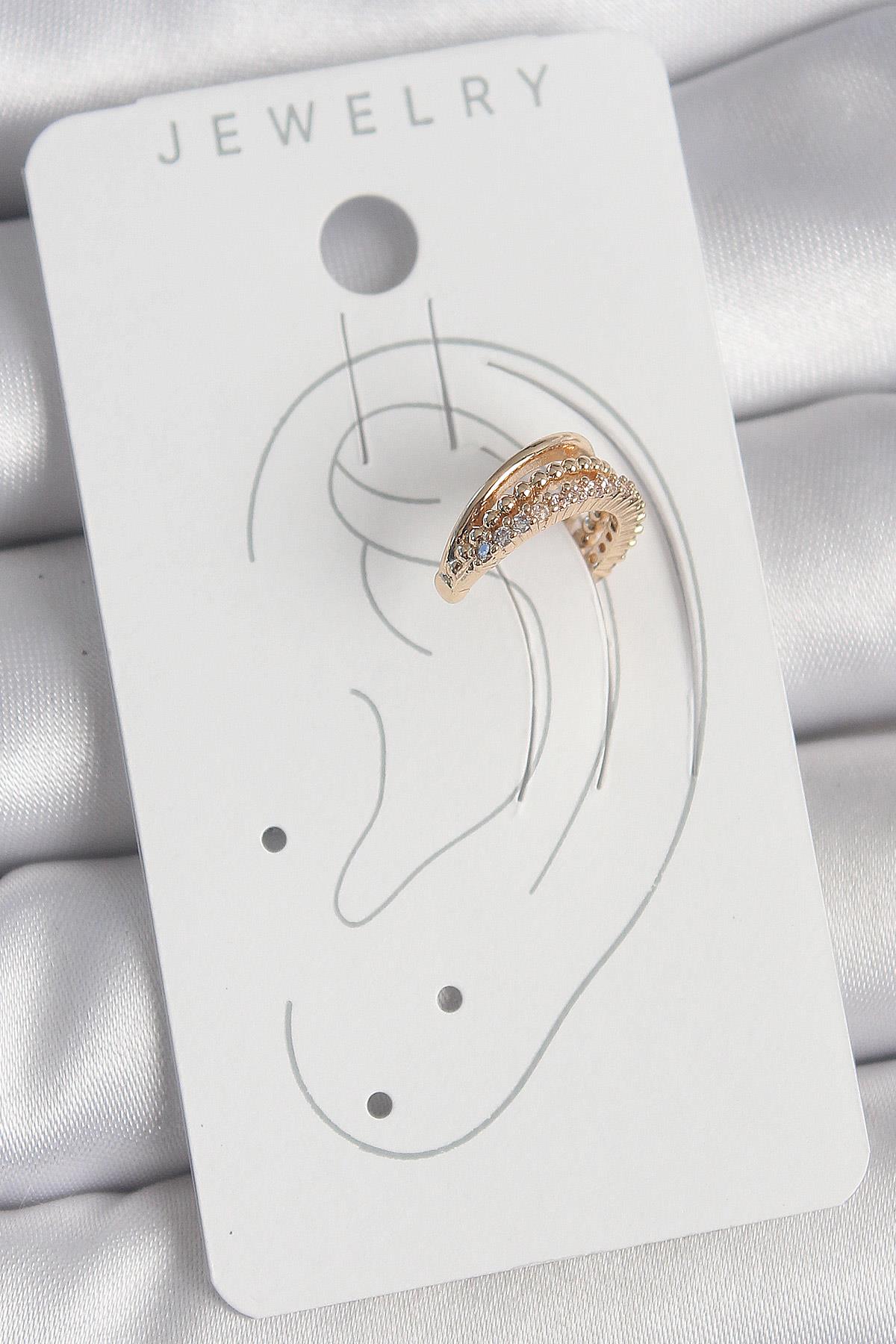 Pirinç Gold Renk Zirkon Taşlı 3Lü Sıralı Model Kadın Kıkırdak Küpe