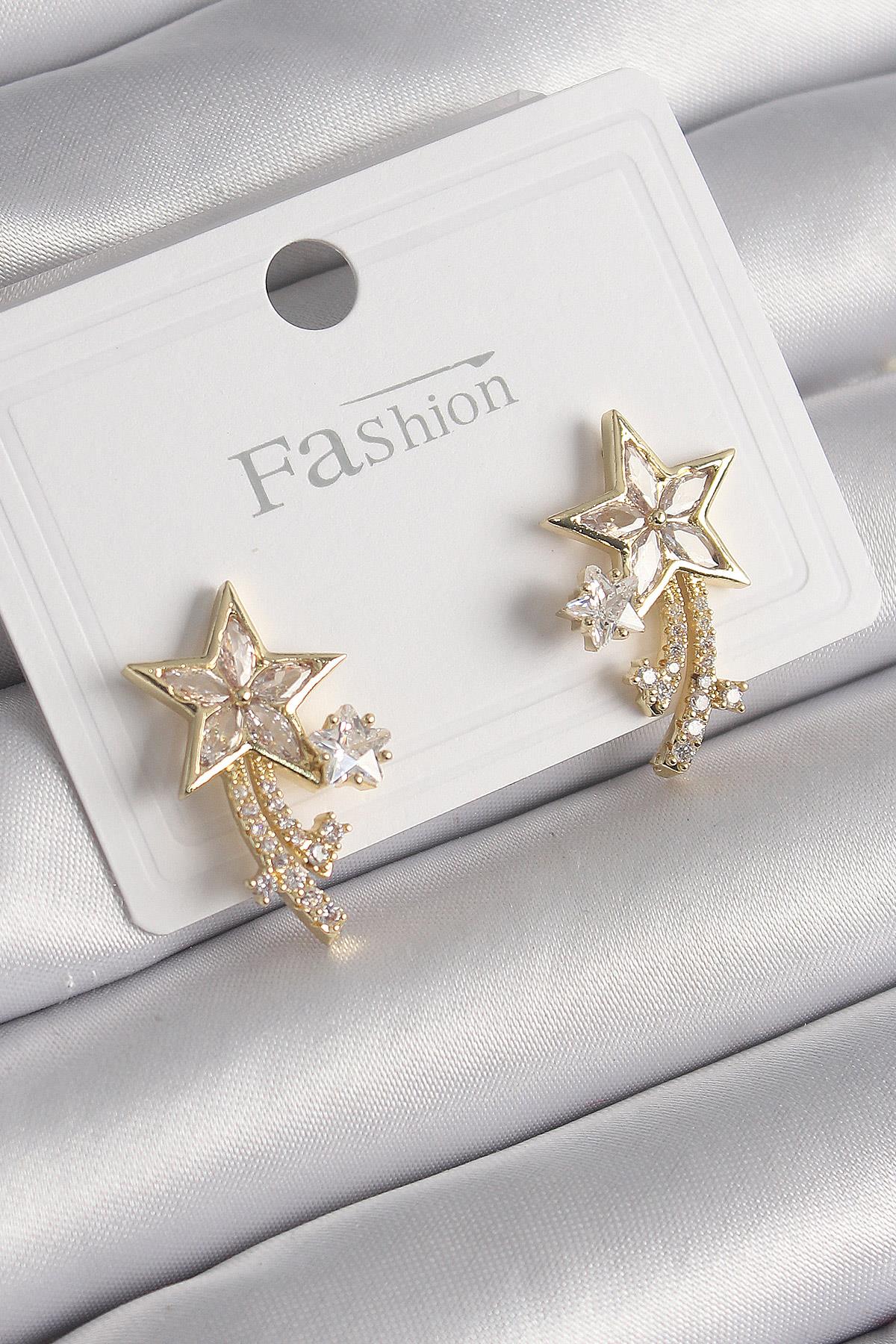 Pirinç Gold Renk Zirkon Taşlı Kuyruklu Yıldız Model Kadın Küpe