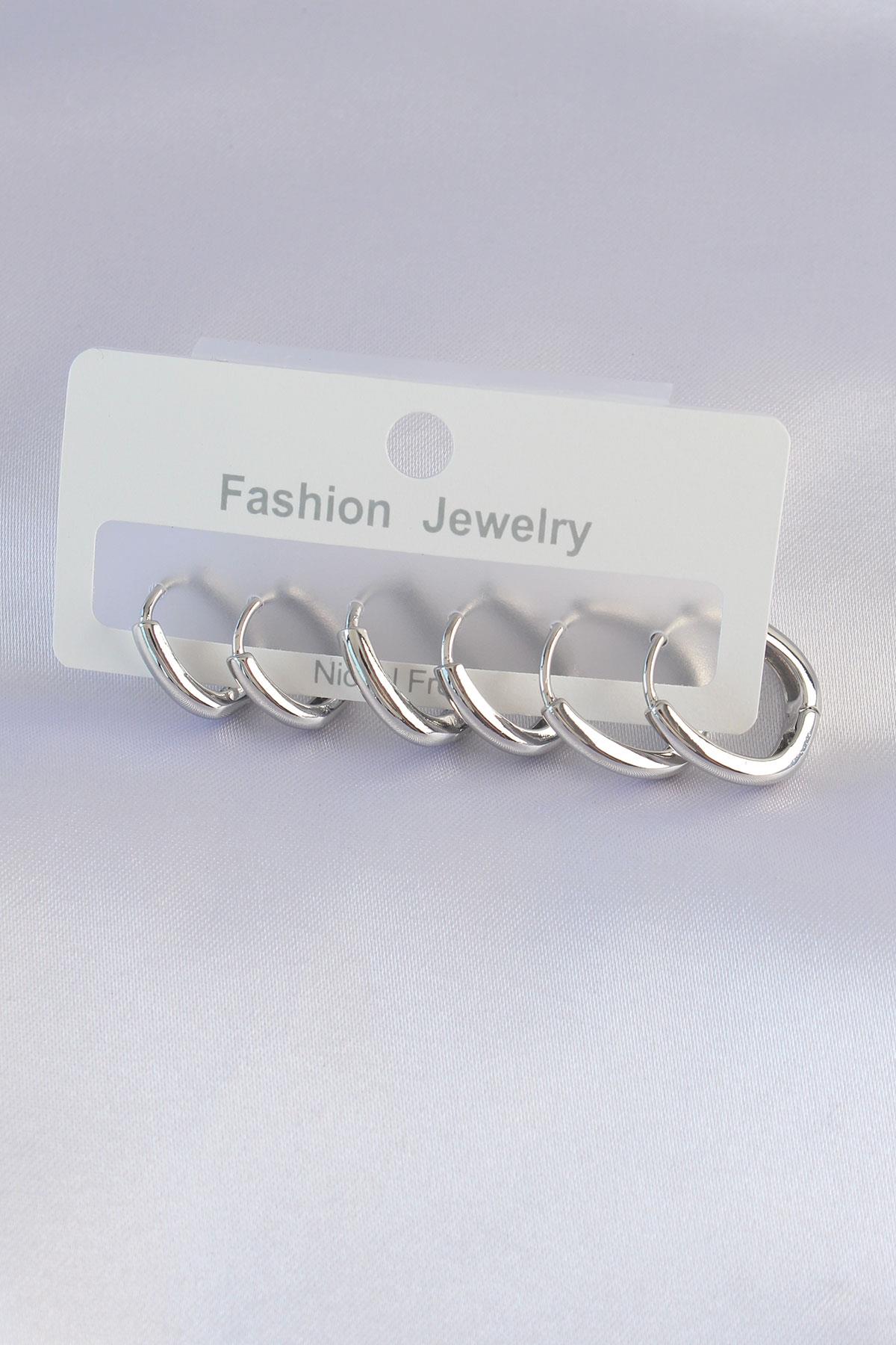 Pirinç Gümüş Renk Oval Küpe Seti