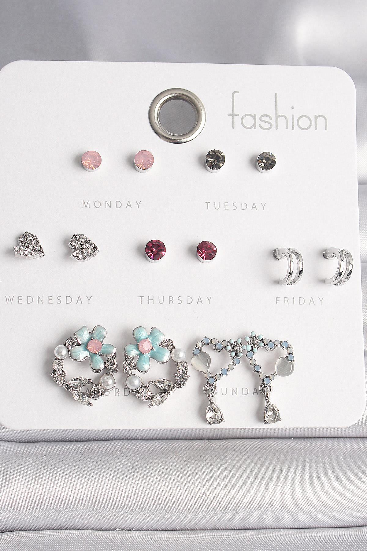 Pirinç Gümüş Renk Renkli Zirkon Taşlı Daire Çiçek Figür Sallantı Kalp Detay 7 Çift Kadın Küpe Seti