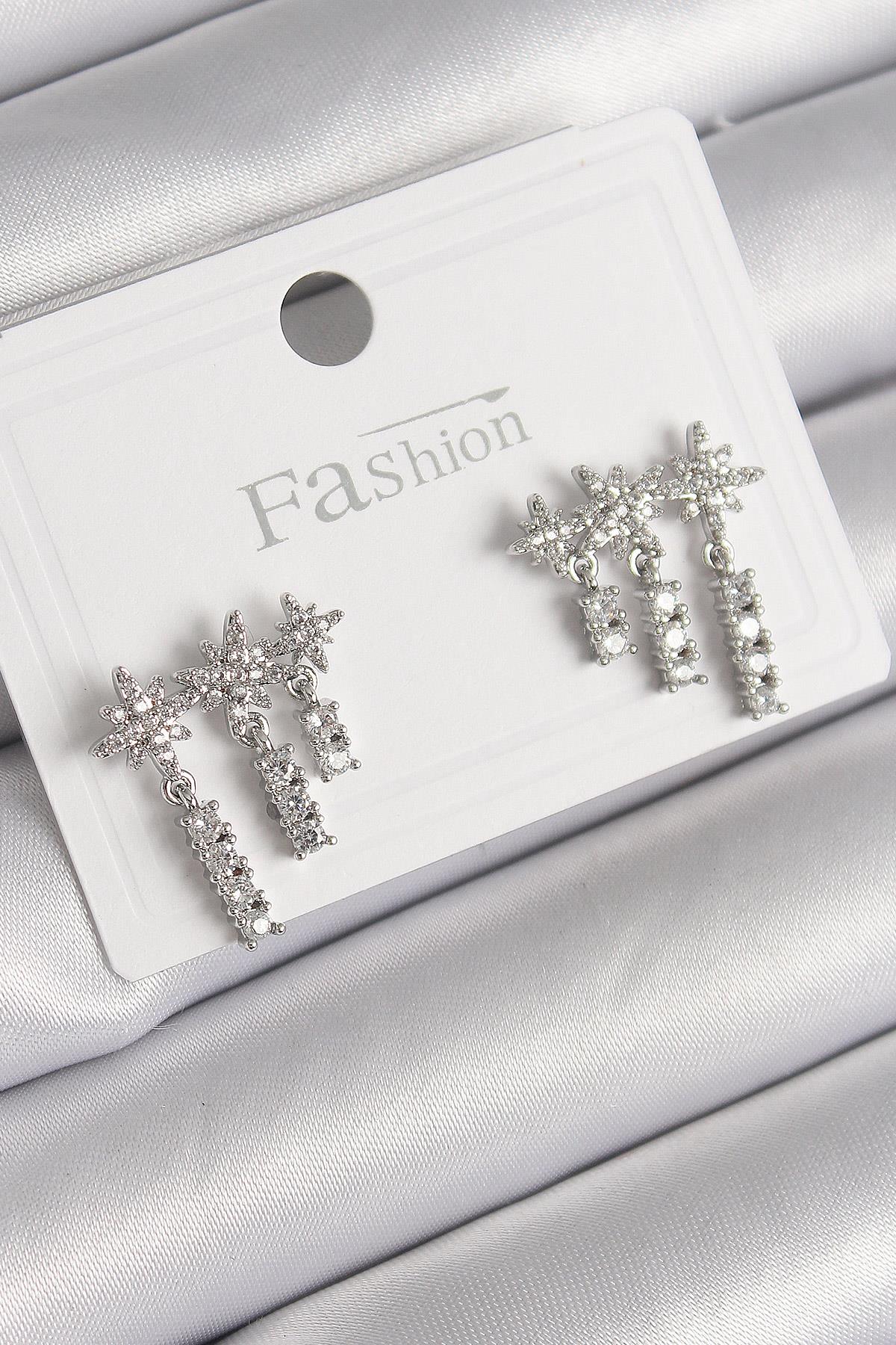 Pirinç Gümüş Renk Zirkon Taşlı 3Lü Sallantı Yıldız Model Kadın Küpe