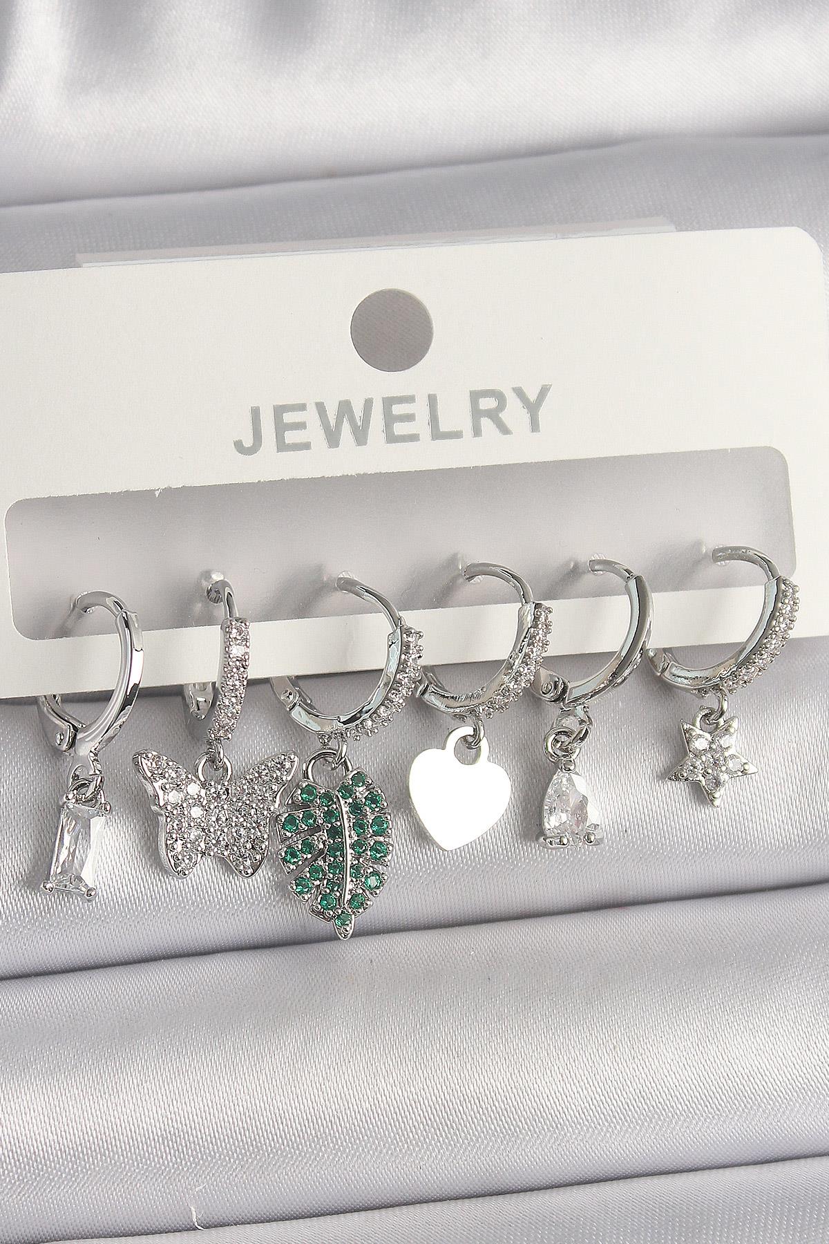 Pirinç Gümüş Renk Zirkon Taşlı Çoklu Figür Kadın Küpe Seti