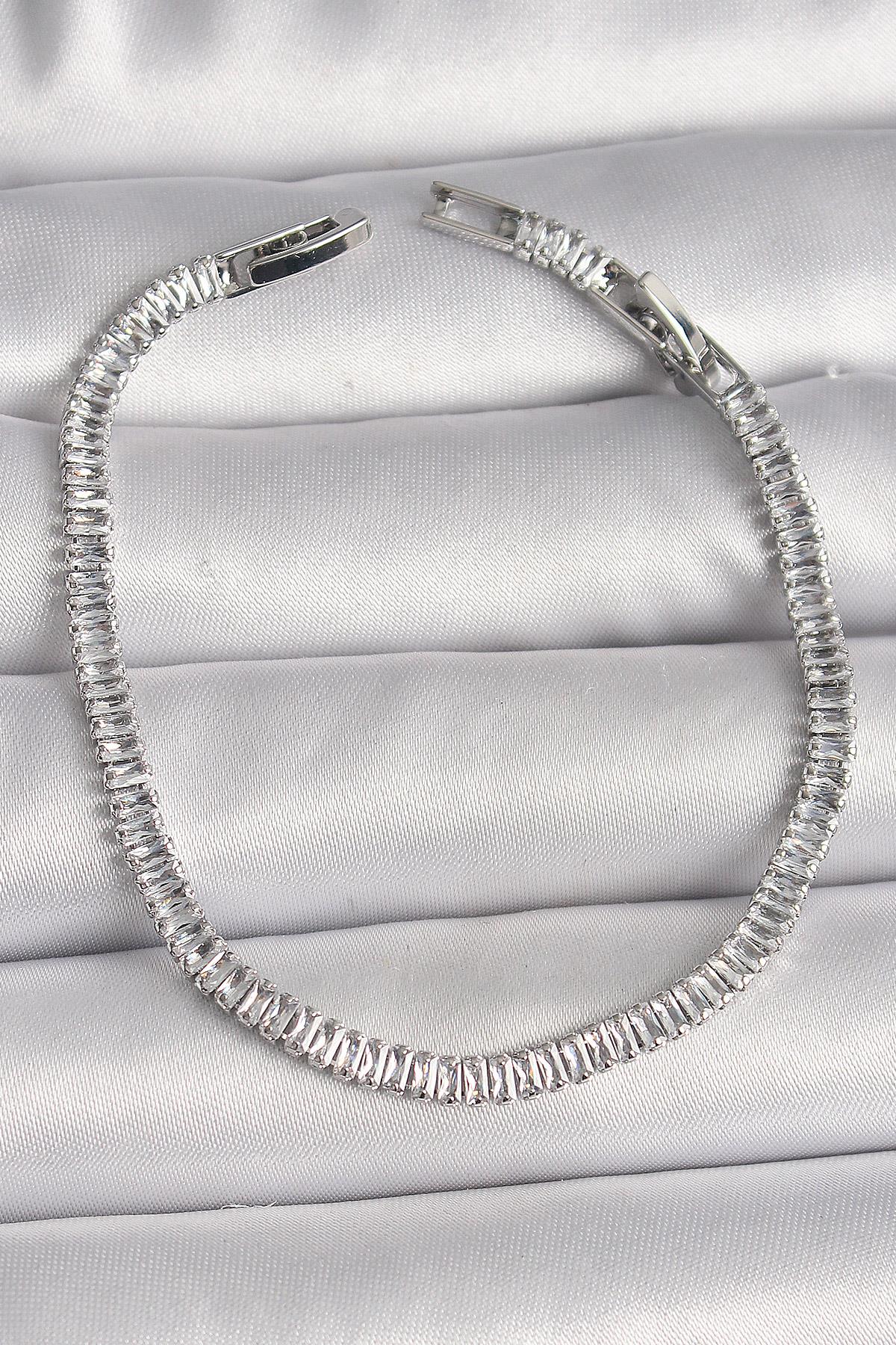 Pirinç Gümüş Renk Zirkon Taşlı Su Yolu Model Kadın Bileklik