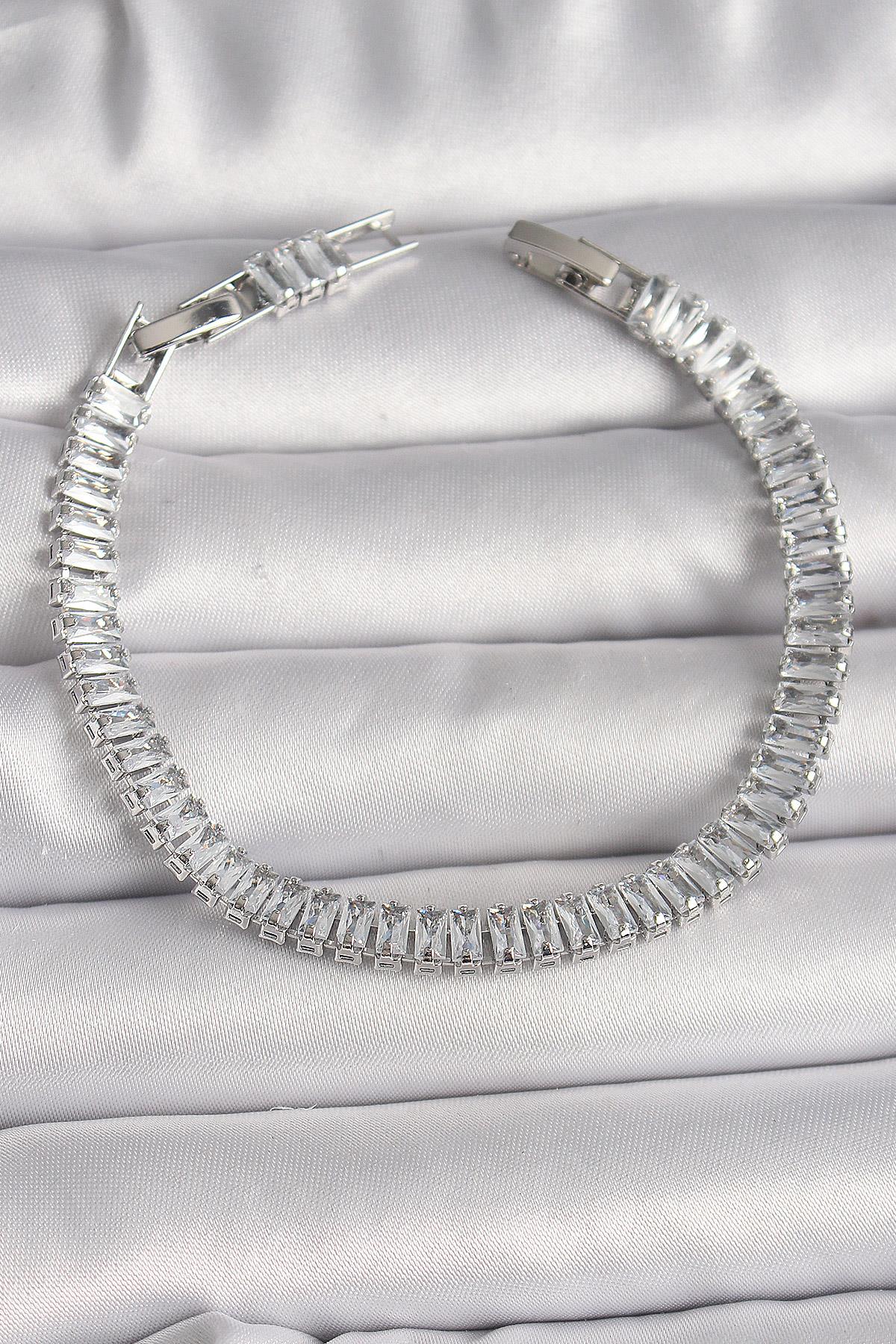 Pirinç Gümüş Renk Zirkon Taşlı Su Yolu Model Kadın Bileklik