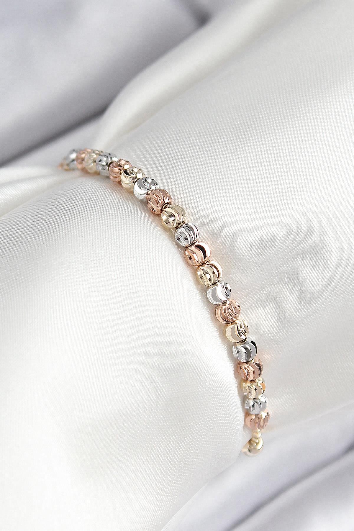 Pirinç Sıralı Boncuk Model Gold Gümüş Roz Renk Asansörlü Kadın Bileklik