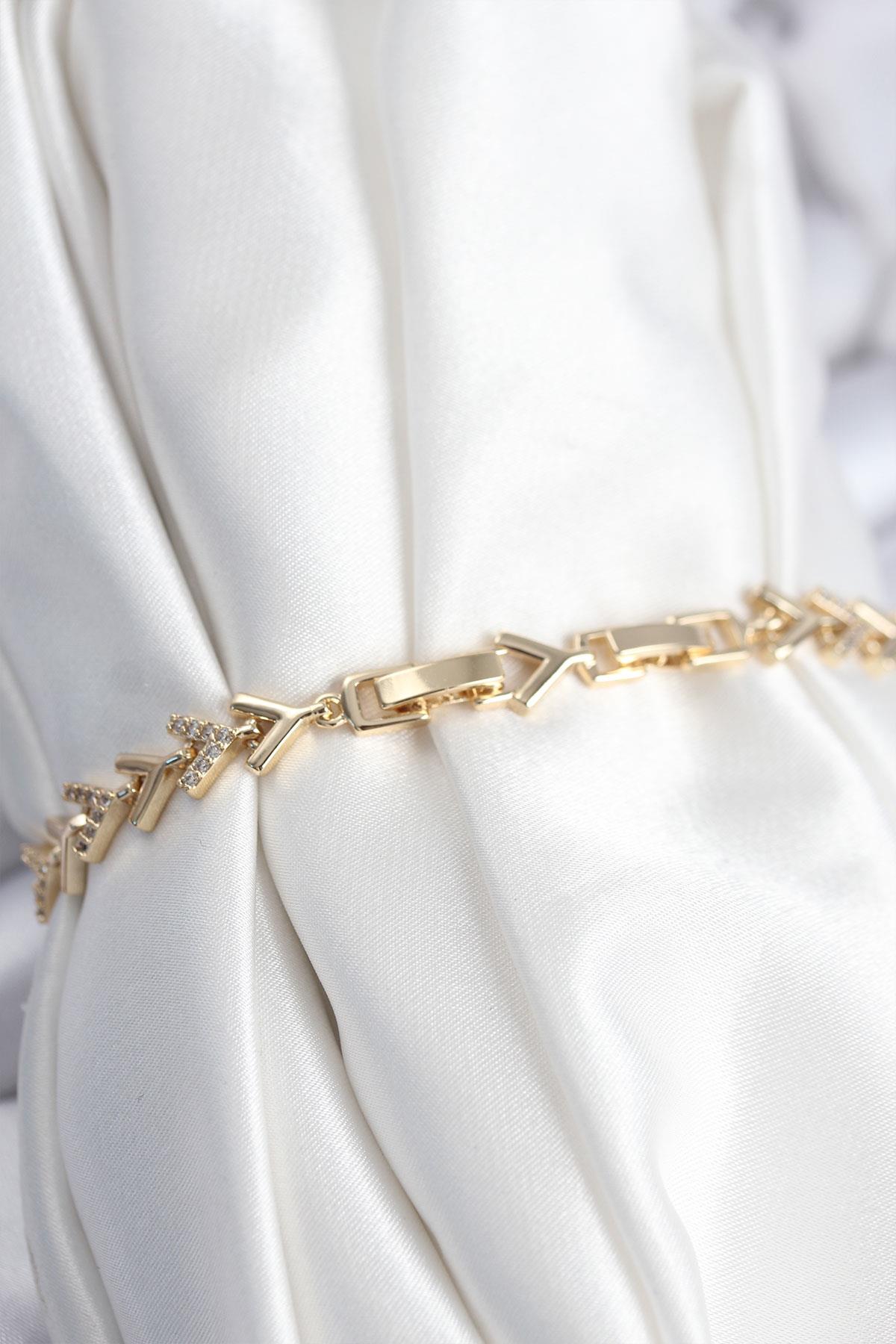 Pirinç VIP Seri Gold Zirkon Taşlı Balık Sırtı Model Kadın Bileklik