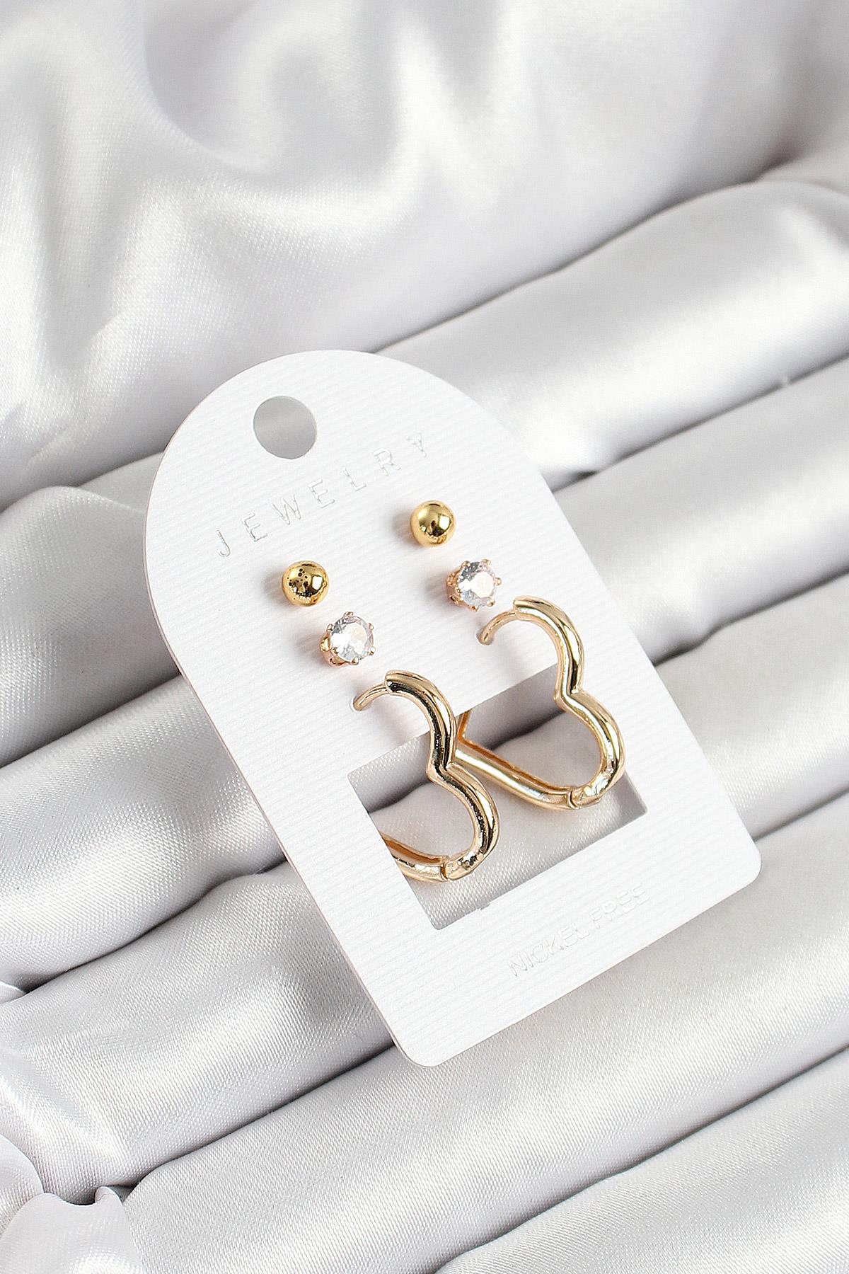 Pirinç Zirkon Taş Ve Kalp Figürlü Gold Renk 3lü Çift Kadın Küpe Set