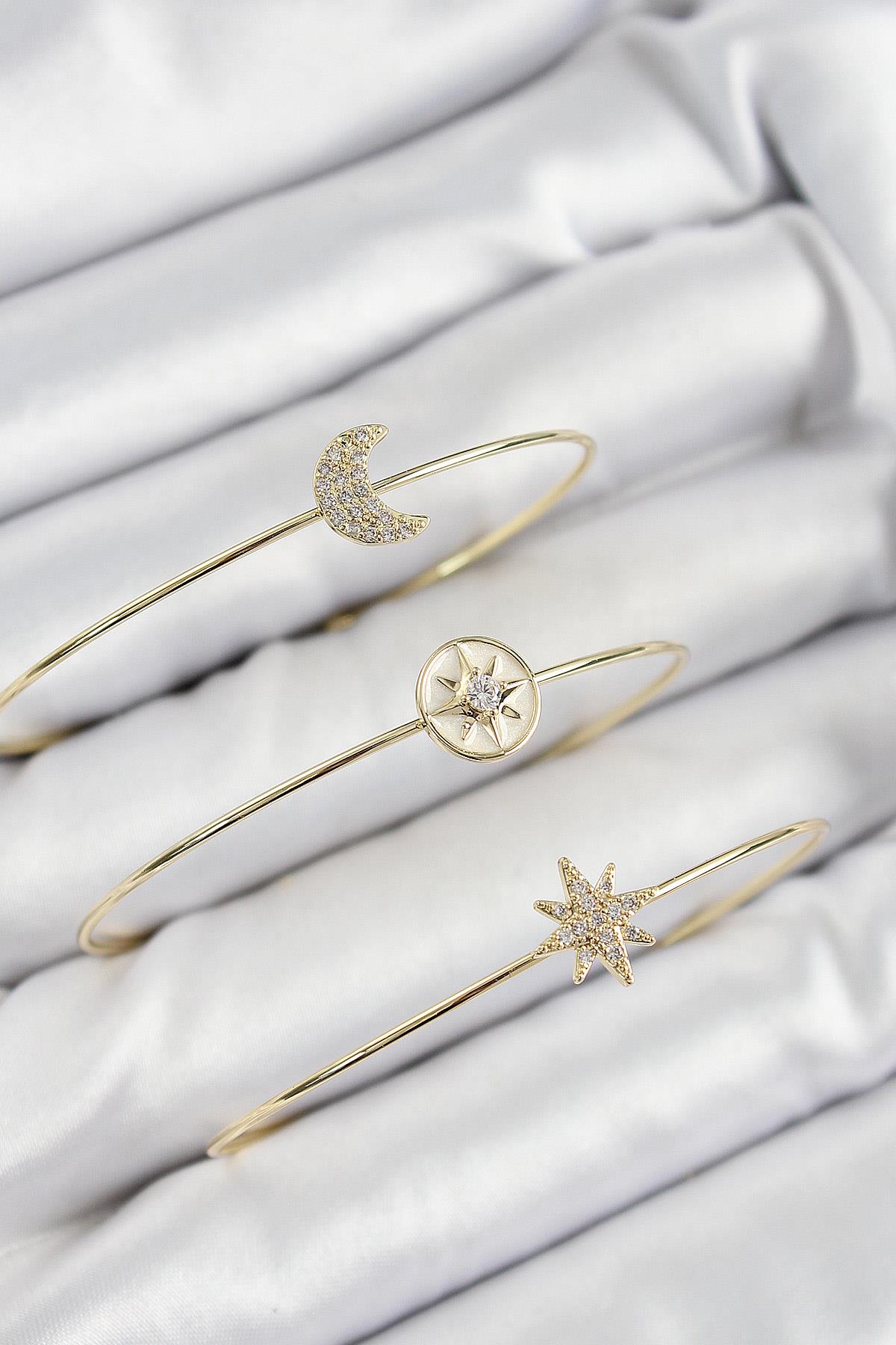 Pirinç Zirkon Taşlı Ay Ve Kutup Yıldızı Model Gold Renk Vip 3lü Kadın Bileklik