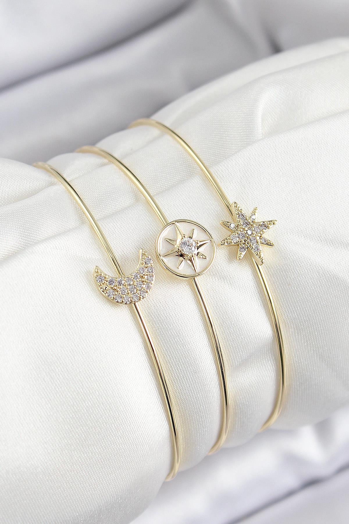 Pirinç Zirkon Taşlı Ay Ve Kutup Yıldızı Model Gold Renk Vip 3lü Kadın Bileklik