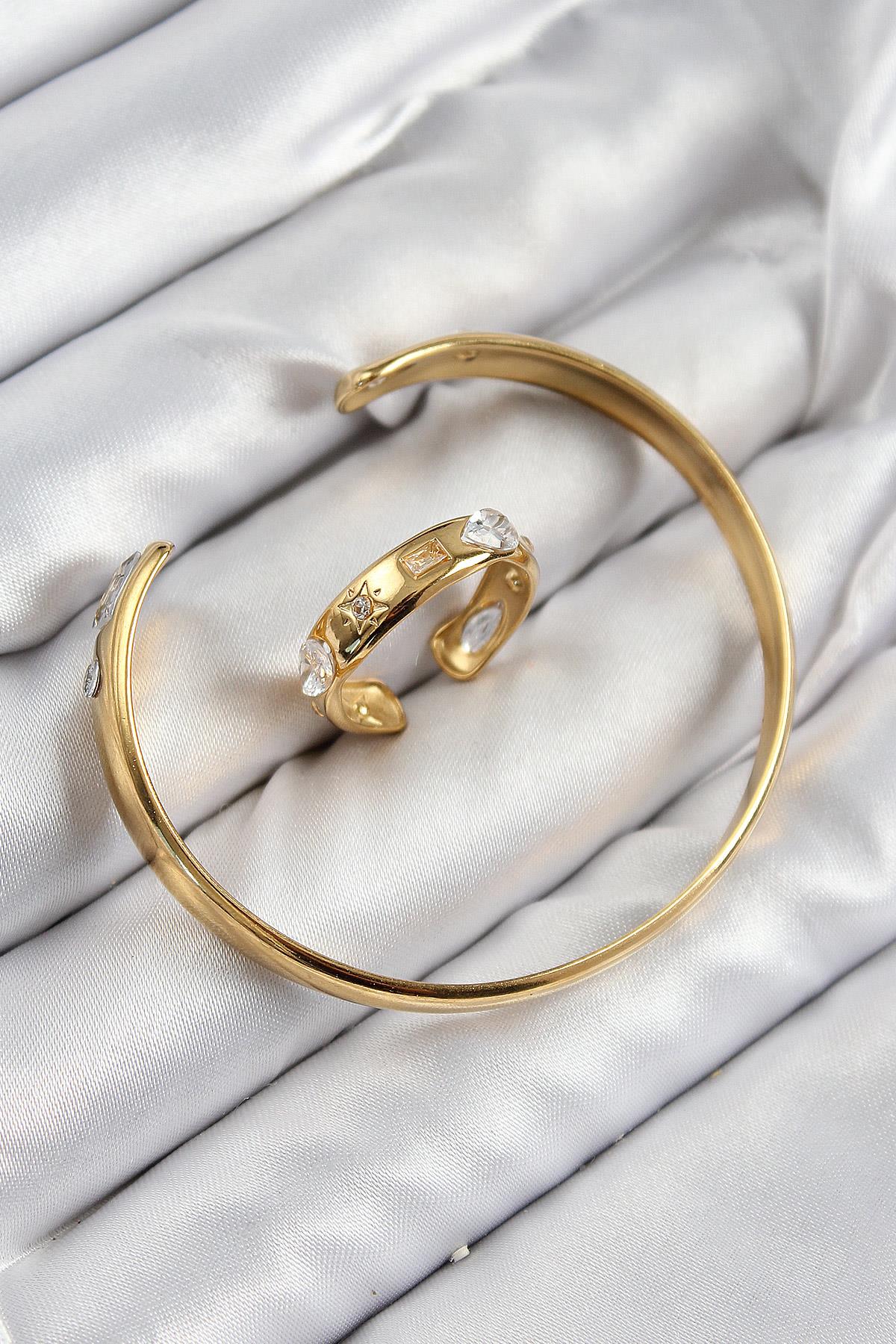Pirinç Zirkon Taşlı Ayrık Model Gold Renk Bileklik Yüzük Set