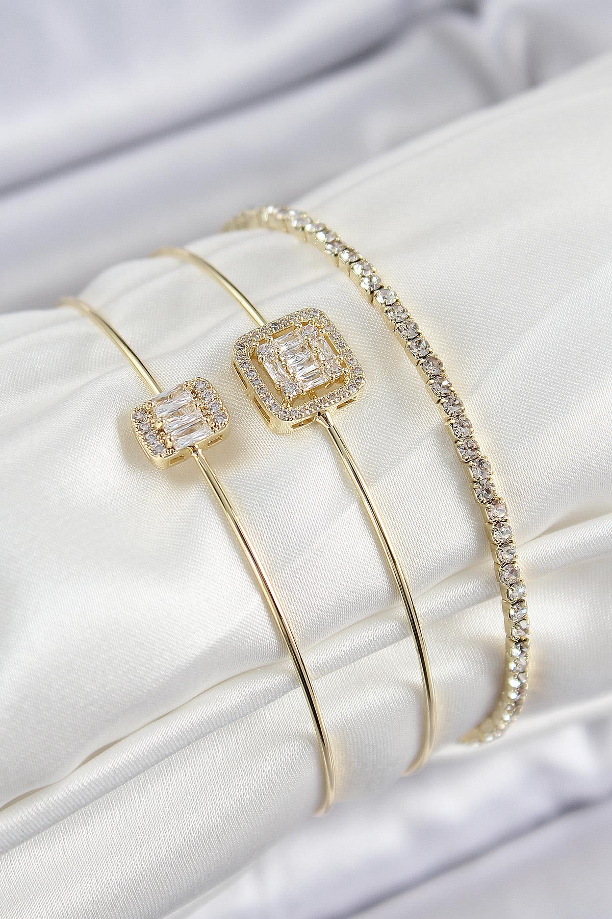 Pirinç Zirkon Taşlı Baget Model Gold Renk Vip 3lü Kadın Bileklik