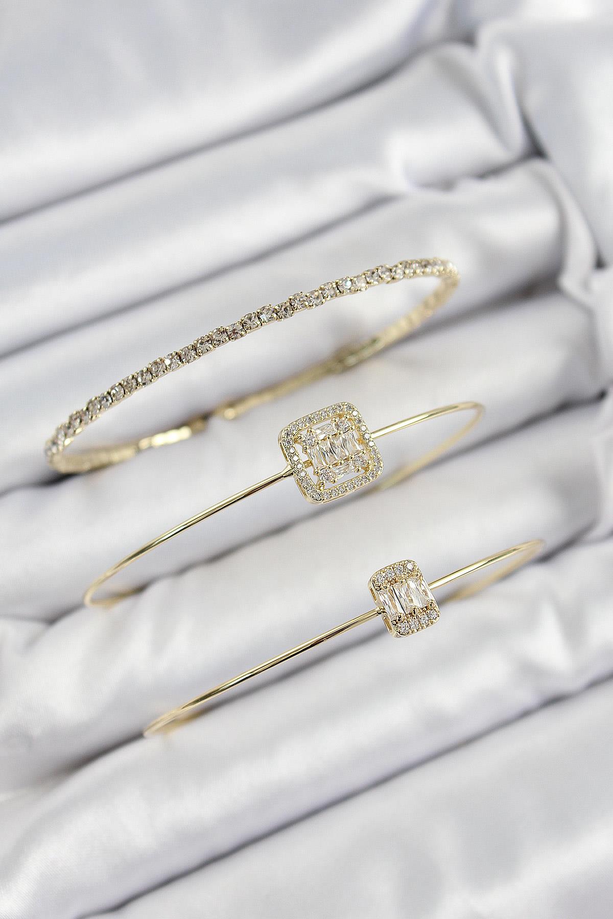 Pirinç Zirkon Taşlı Baget Model Gold Renk Vip 3lü Kadın Bileklik