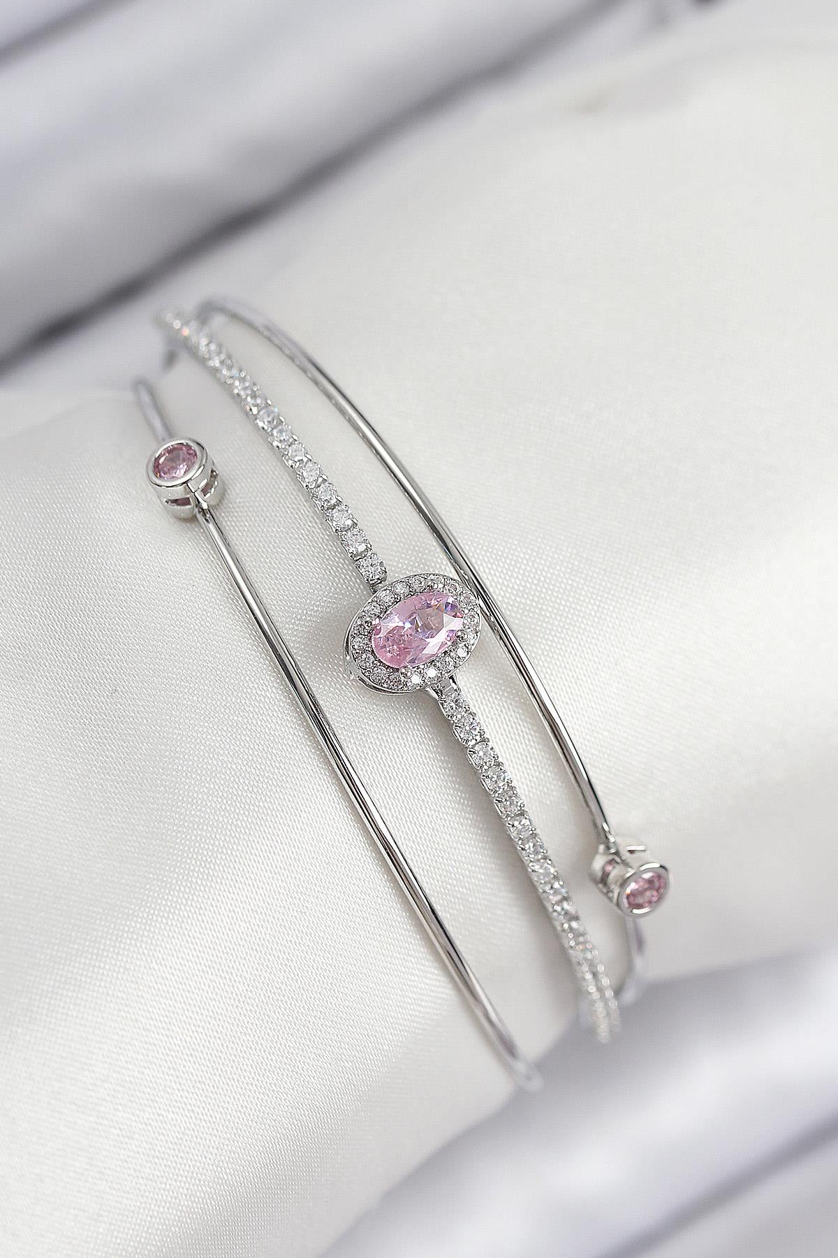 Pirinç Zirkon Taşlı Baget Model Gümüş Renk Kadın Bileklik