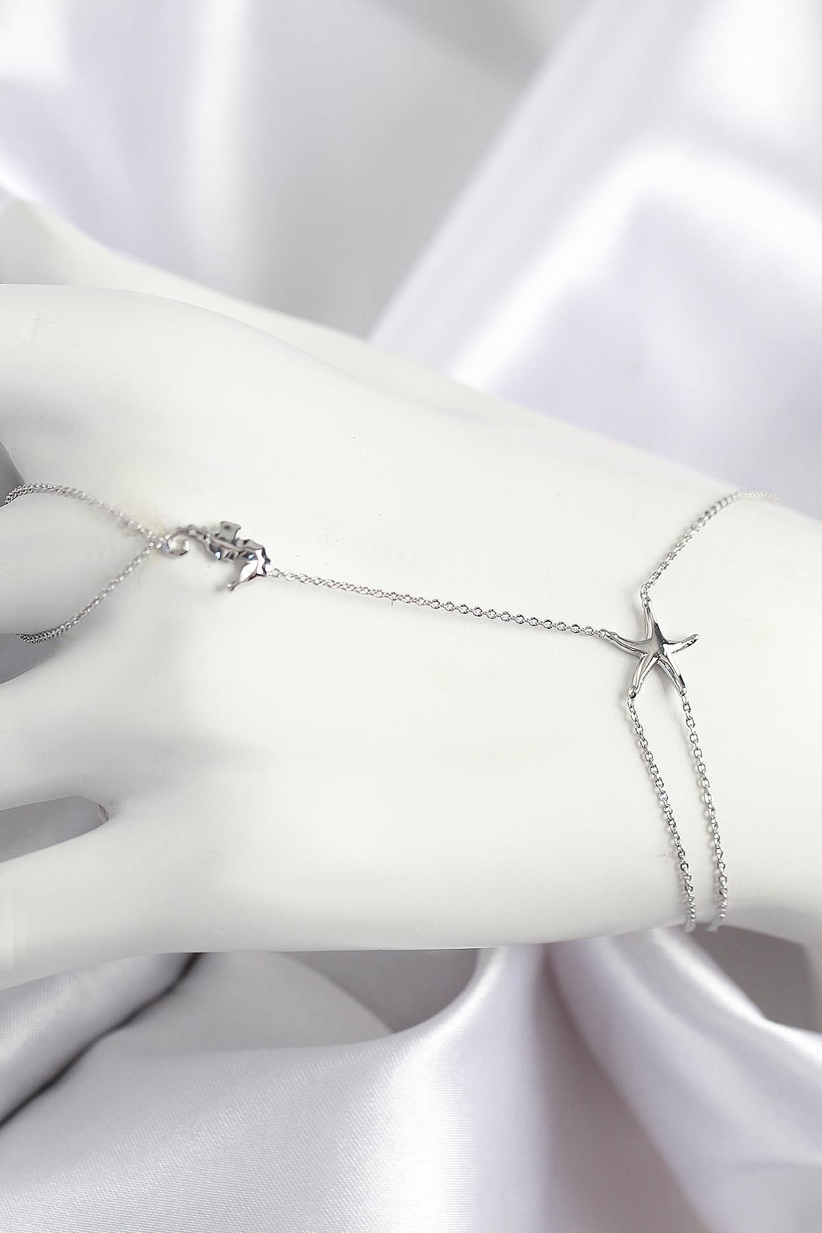 Pirinç Zirkon Taşlı Deniz Atı Ve Yıldız Model Gümüş Renk Şahmeran