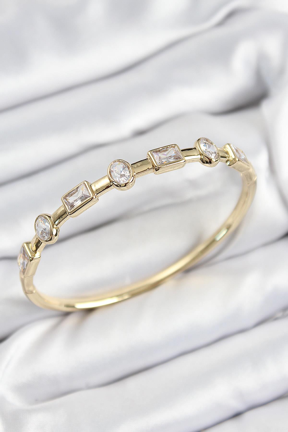 Pirinç Zirkon Taşlı Geometrik Model Model Gold Renk Kadın Kelepçe