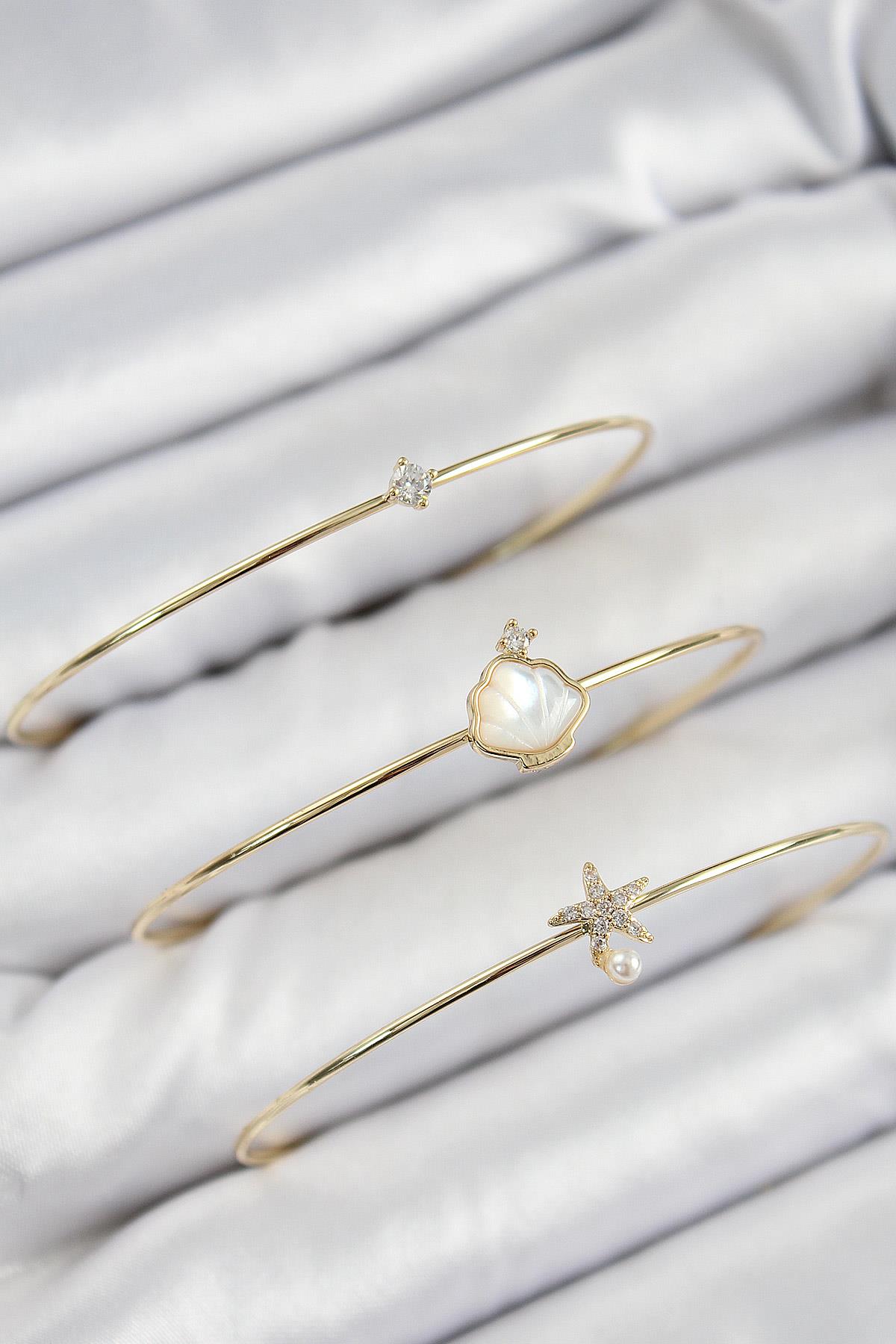 Pirinç Zirkon Taşlı İstiridye Ve Deniz Yıldızı Model Gold Renk Vip 3lü Kadın Bileklik