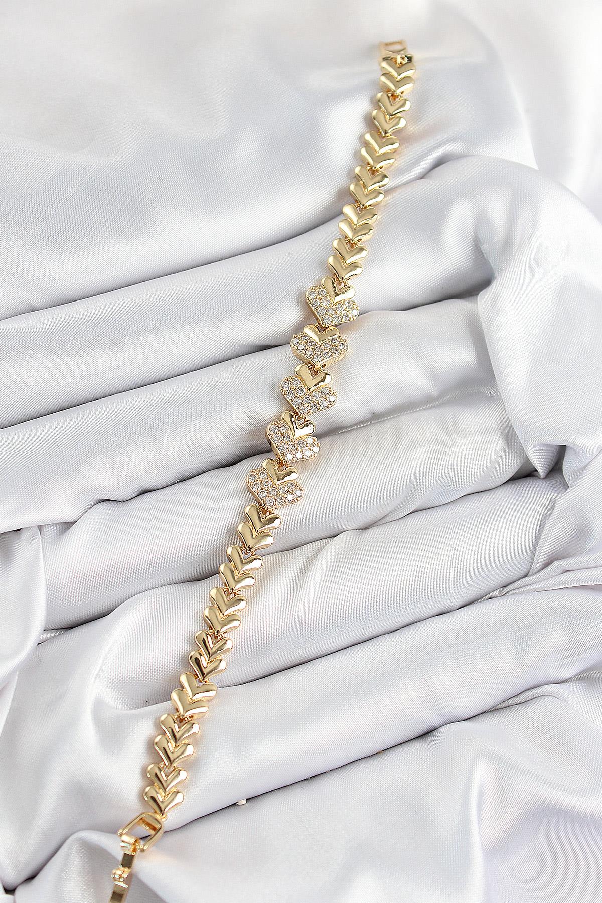 Pirinç Zirkon Taşlı Kalp Model Gold Renk Kadın Bileklik