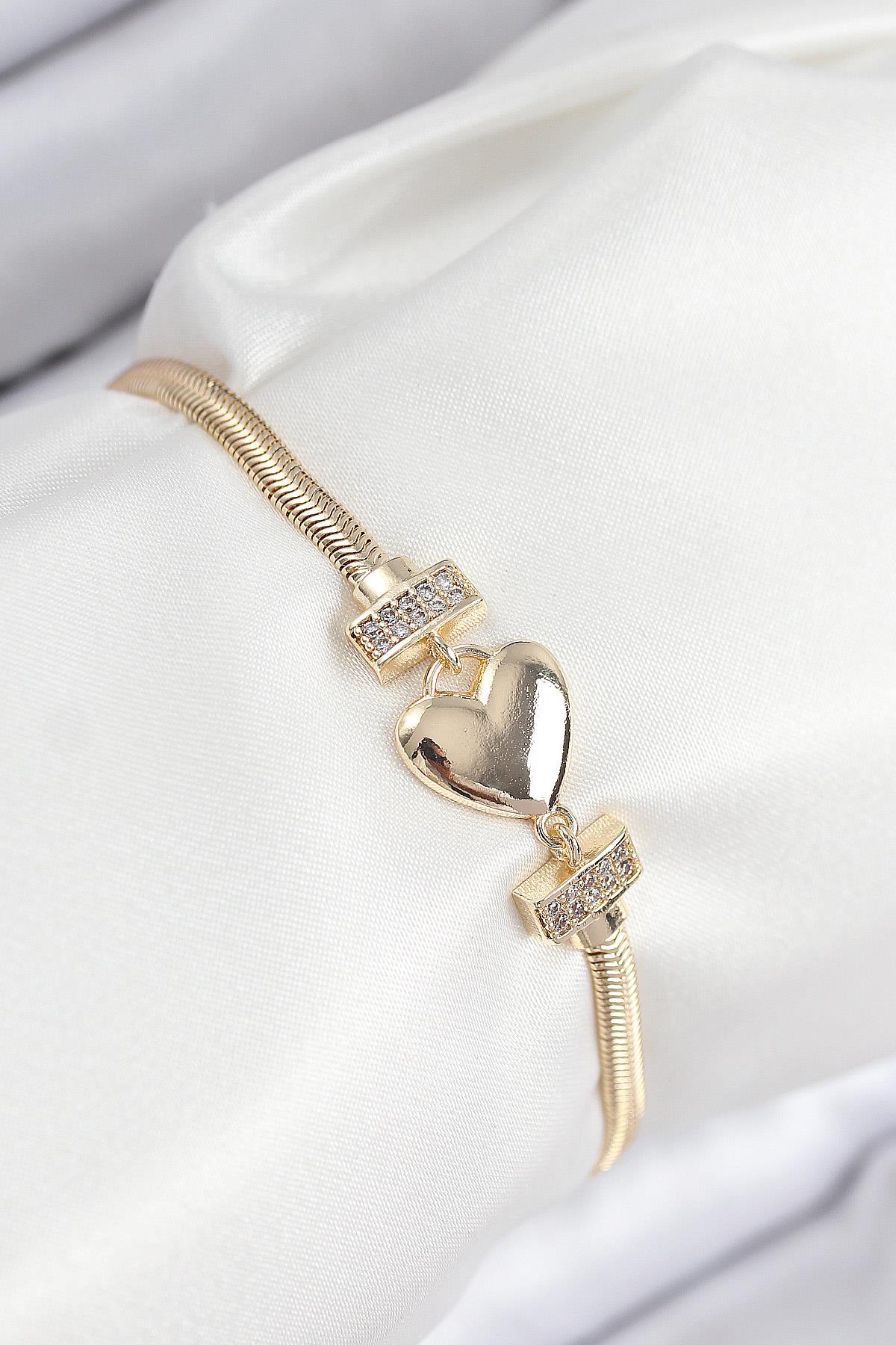 Pirinç Zirkon Taşlı Kalp Model Gold Renk Kadın Bileklik