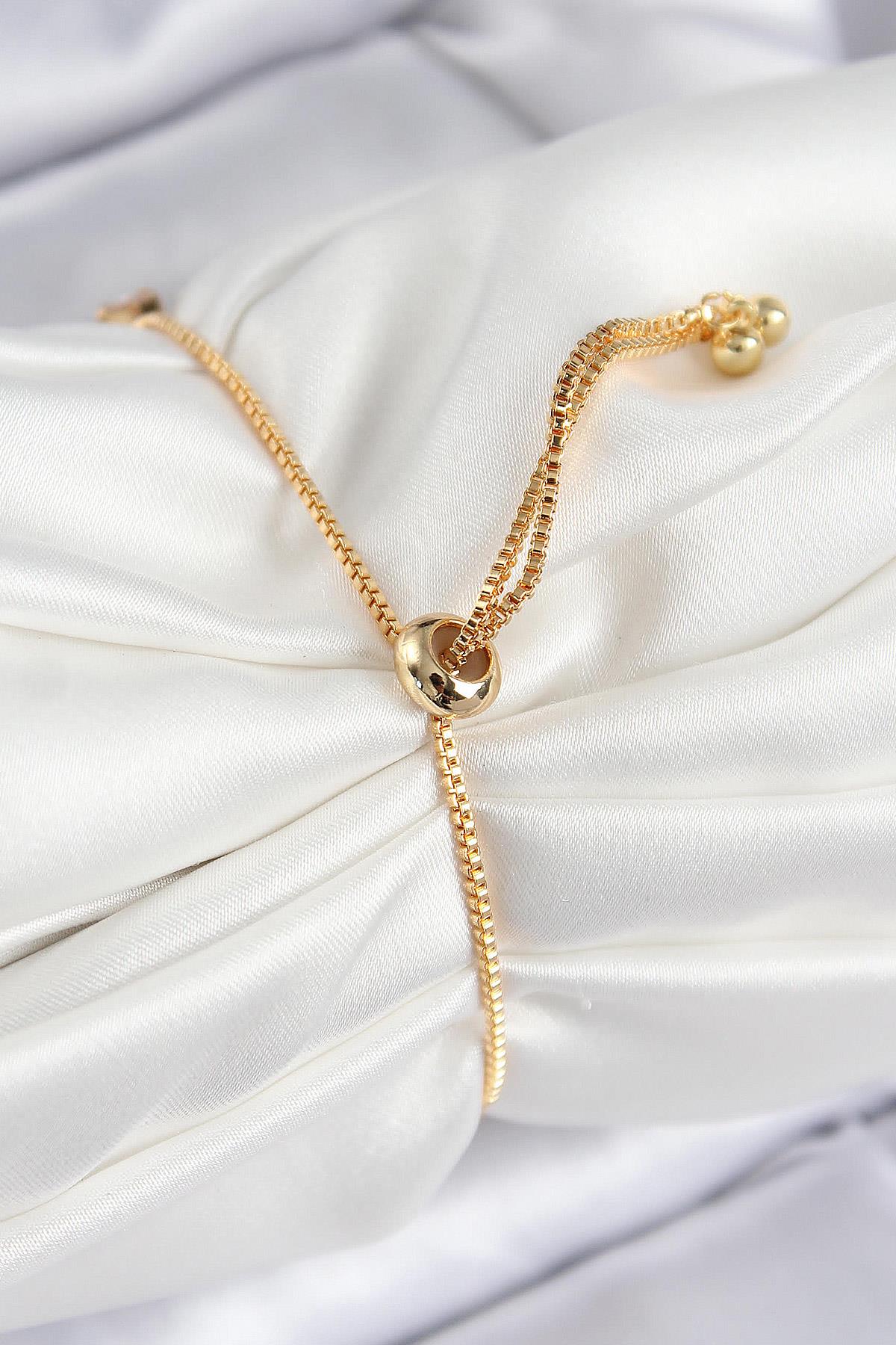 Pirinç Zirkon Taşlı Kare Model Gold Renk Asansörlü Kadın Bileklik