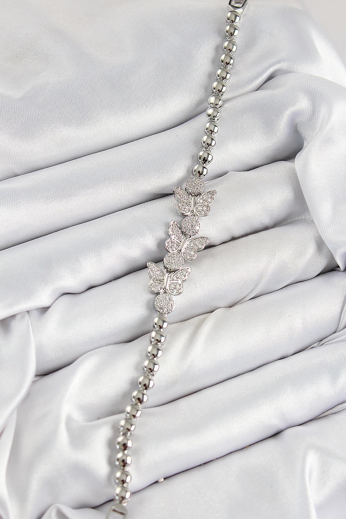 Pirinç Zirkon Taşlı Kelebek Model Gümüş Renk Kadın Bileklik