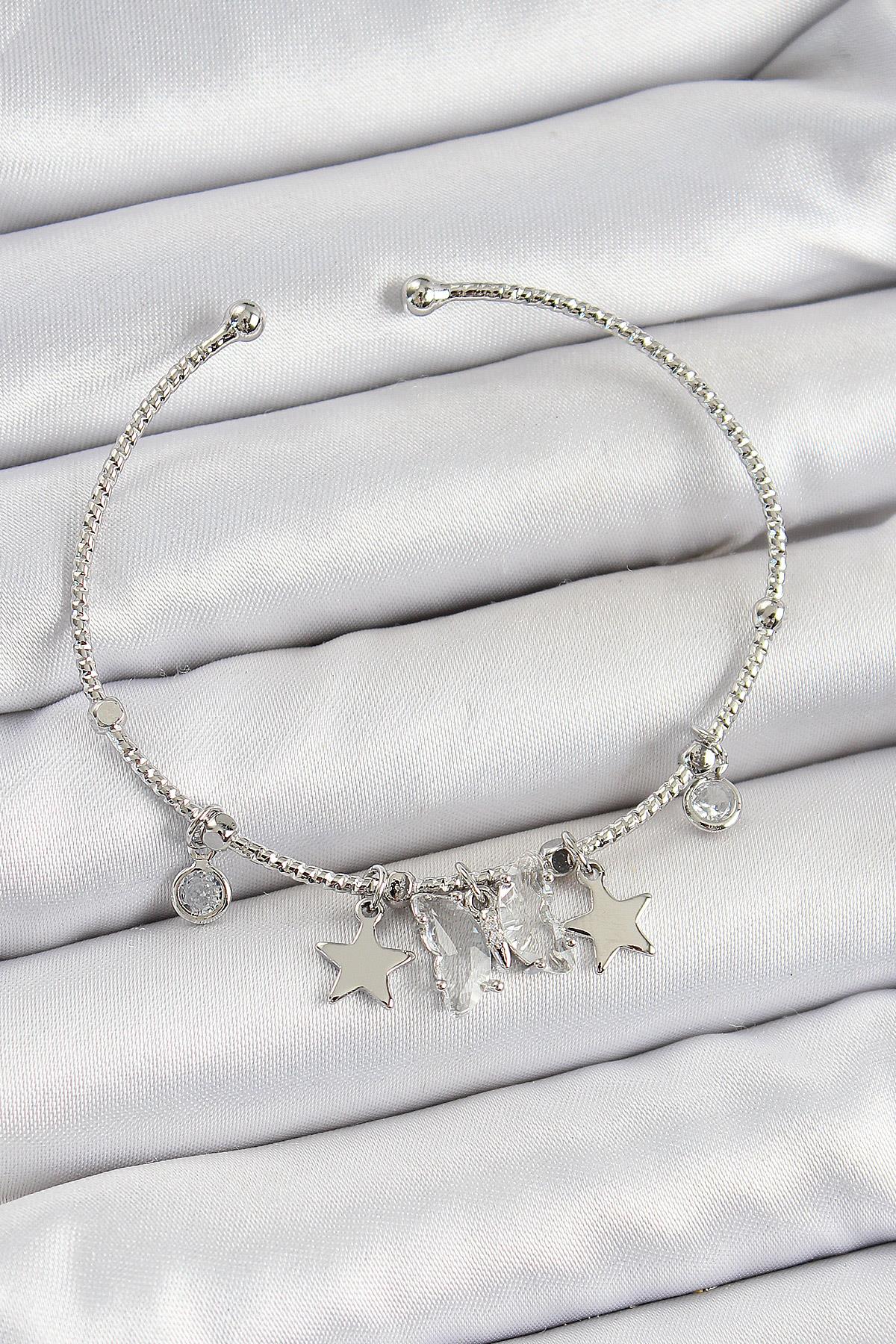 Pirinç Zirkon Taşlı Kelebek Ve Yıldız Model Gümüş Renk Charm Bileklik