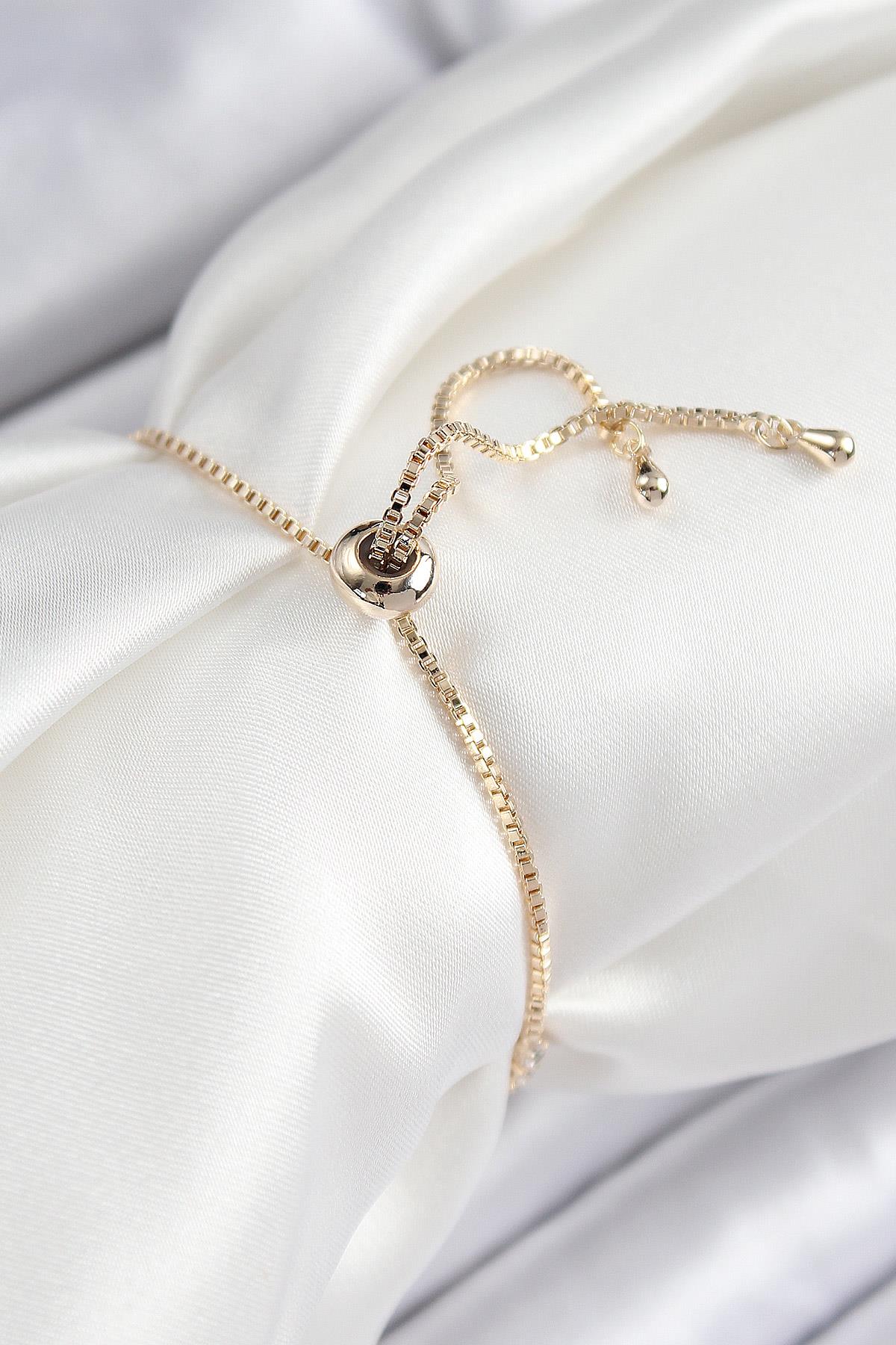 Pirinç Zirkon Taşlı Kiraz Model Gold Renk Asansörlü Kadın Bileklik