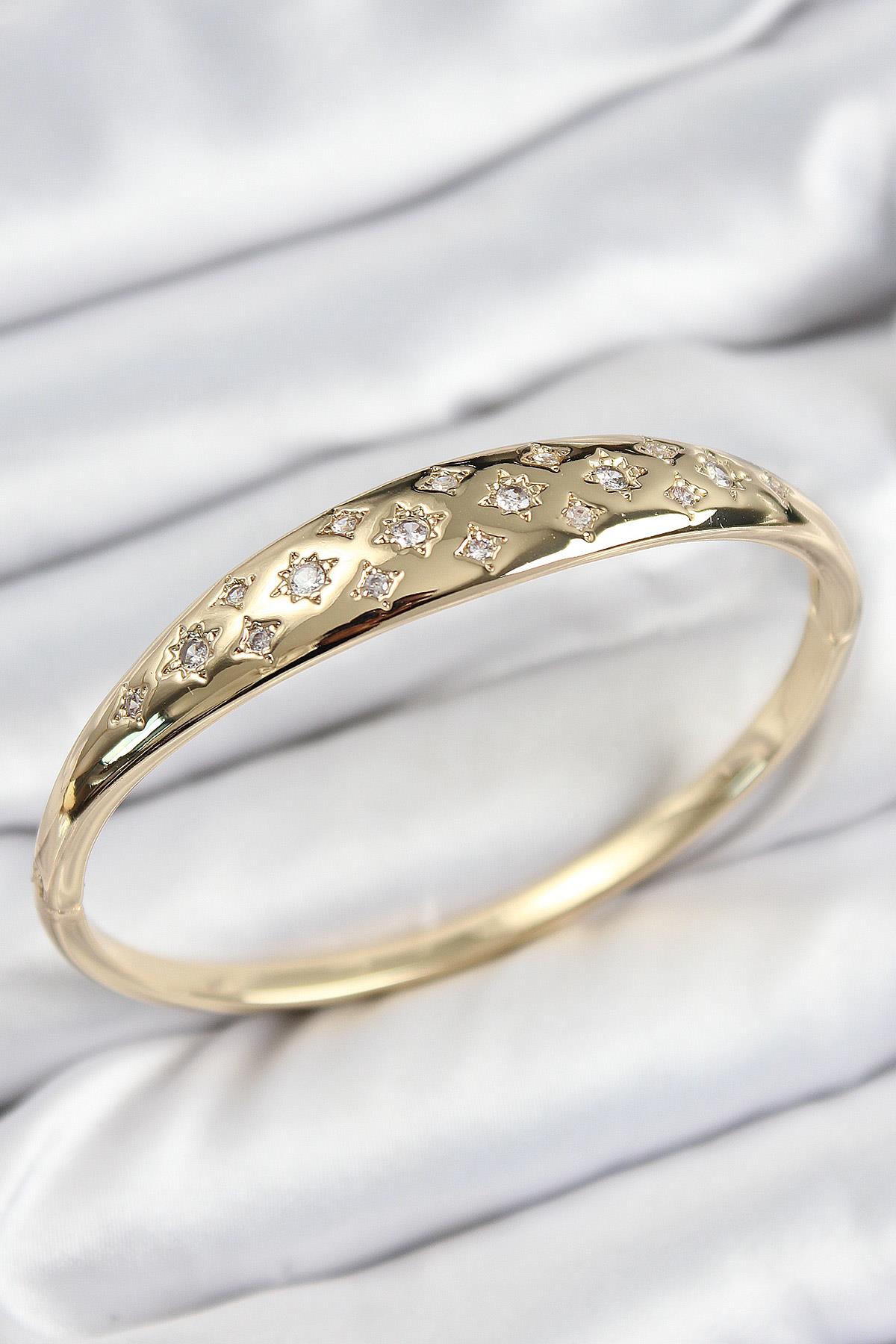 Pirinç Zirkon Taşlı Kutup Yıldızı Model Gold Renk Kadın Kelepçe