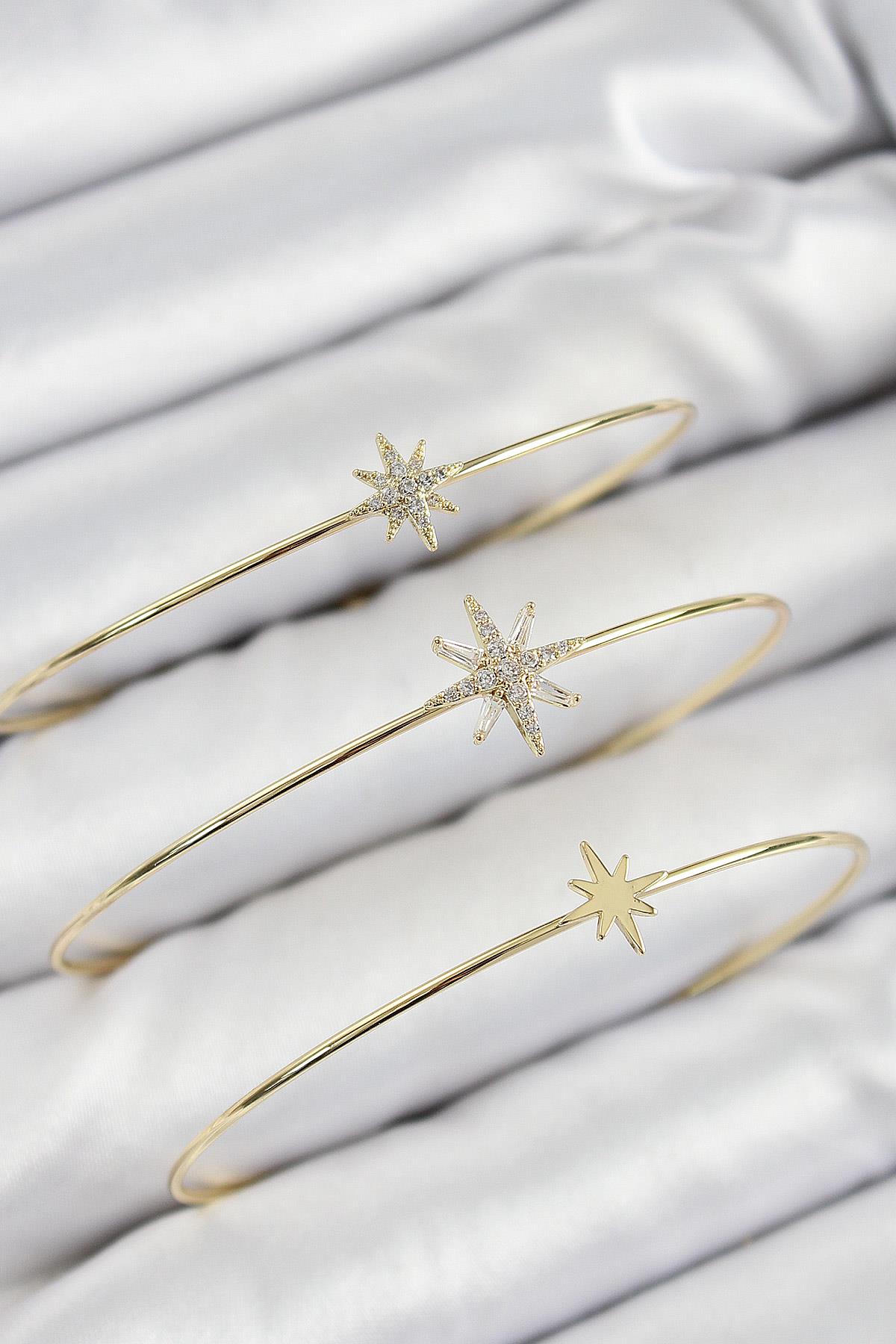 Pirinç Zirkon Taşlı Kutup Yıldızı Model Gold Renk Vip 3lü Kadın Bileklik