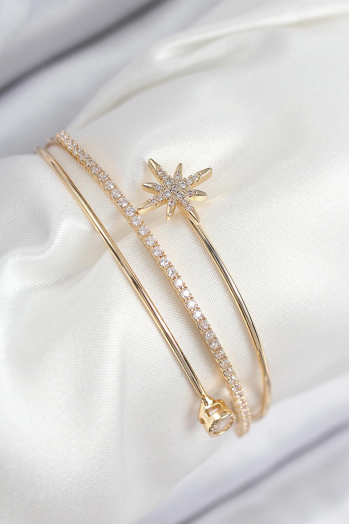 Pirinç Zirkon Taşlı Kutup Yıldızı Model Gold Renk Kadın Bileklik