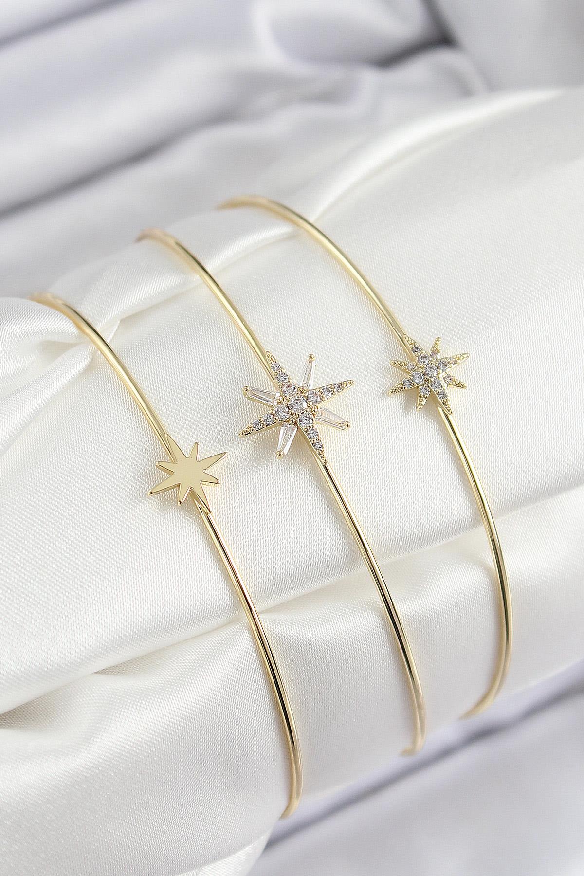 Pirinç Zirkon Taşlı Kutup Yıldızı Model Gold Renk Vip 3lü Kadın Bileklik