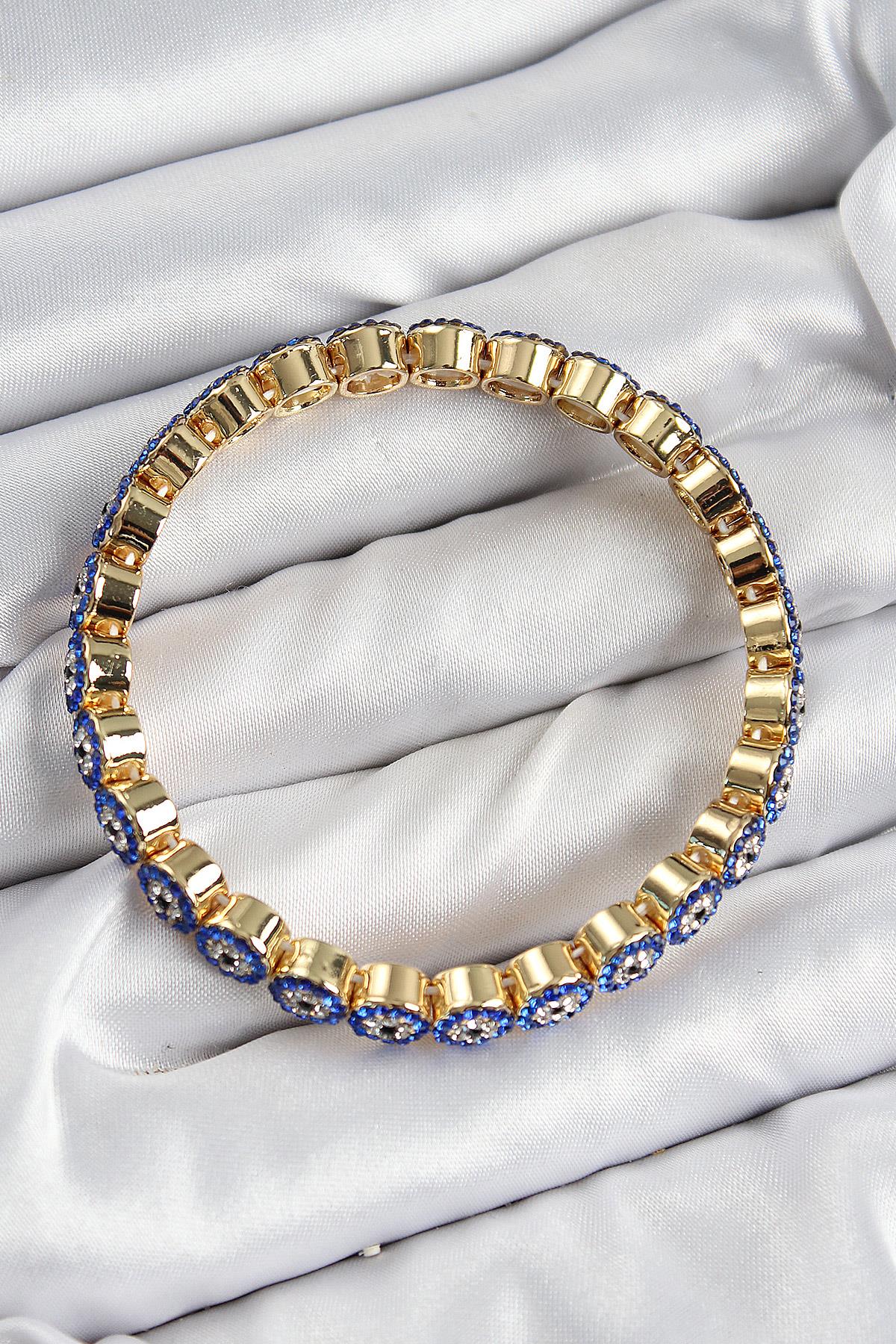 Pirinç Zirkon Taşlı Lacivert Nazar Model Gold Renk Lastikli Kadın Bileklik