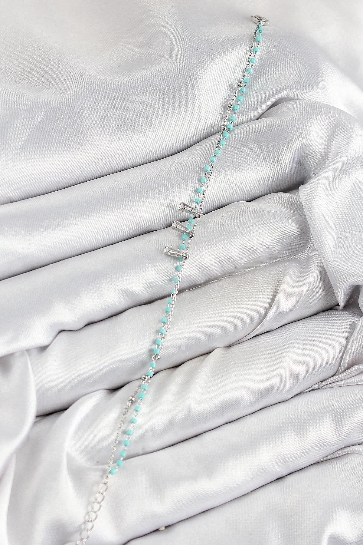 Pirinç Zirkon Taşlı Mavi Boncuklu Model Gümüş Renk Kadın Bileklik