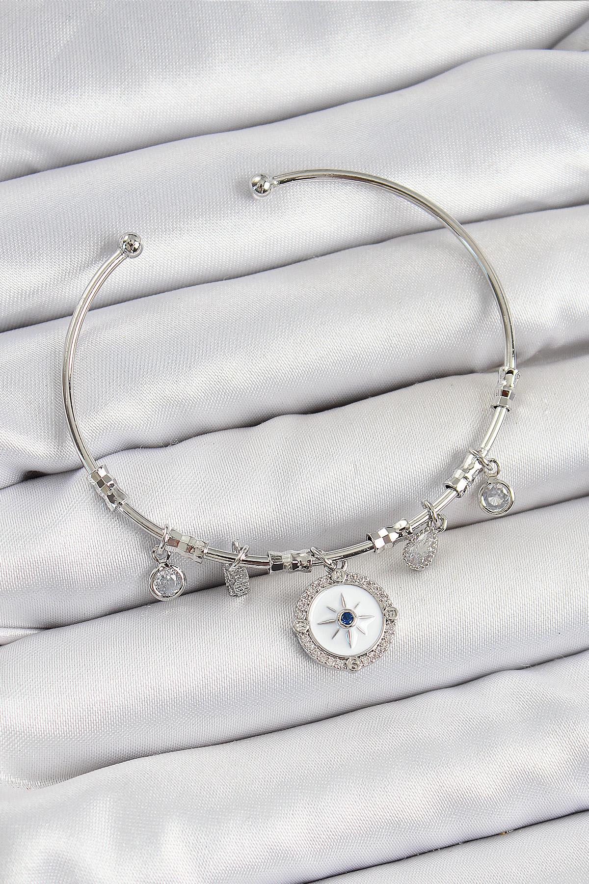 Pirinç Zirkon Taşlı Pusula Model Gümüş Renk Charm Bileklik