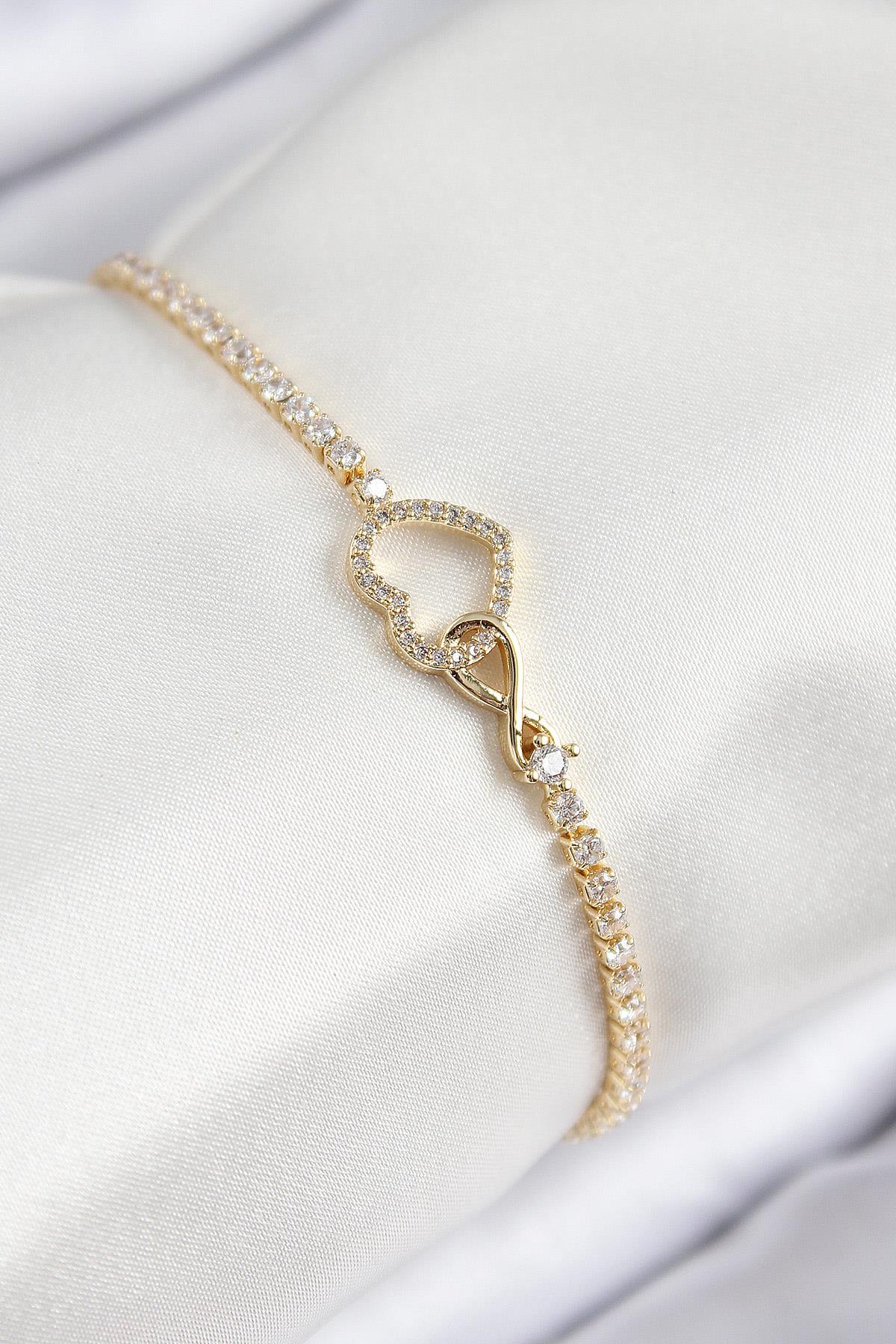 Pirinç Zirkon Taşlı Sonsuzluk Kalp Model Gold Renk Kadın Bileklik