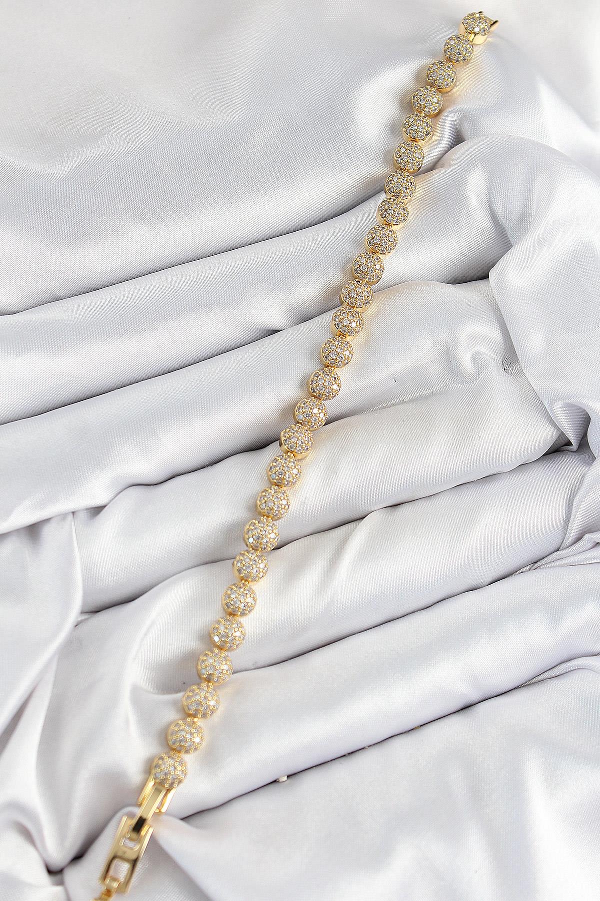 Pirinç Zirkon Taşlı Yarım Topcuk Model Gold Renk VIP Seri Kadın Bileklik