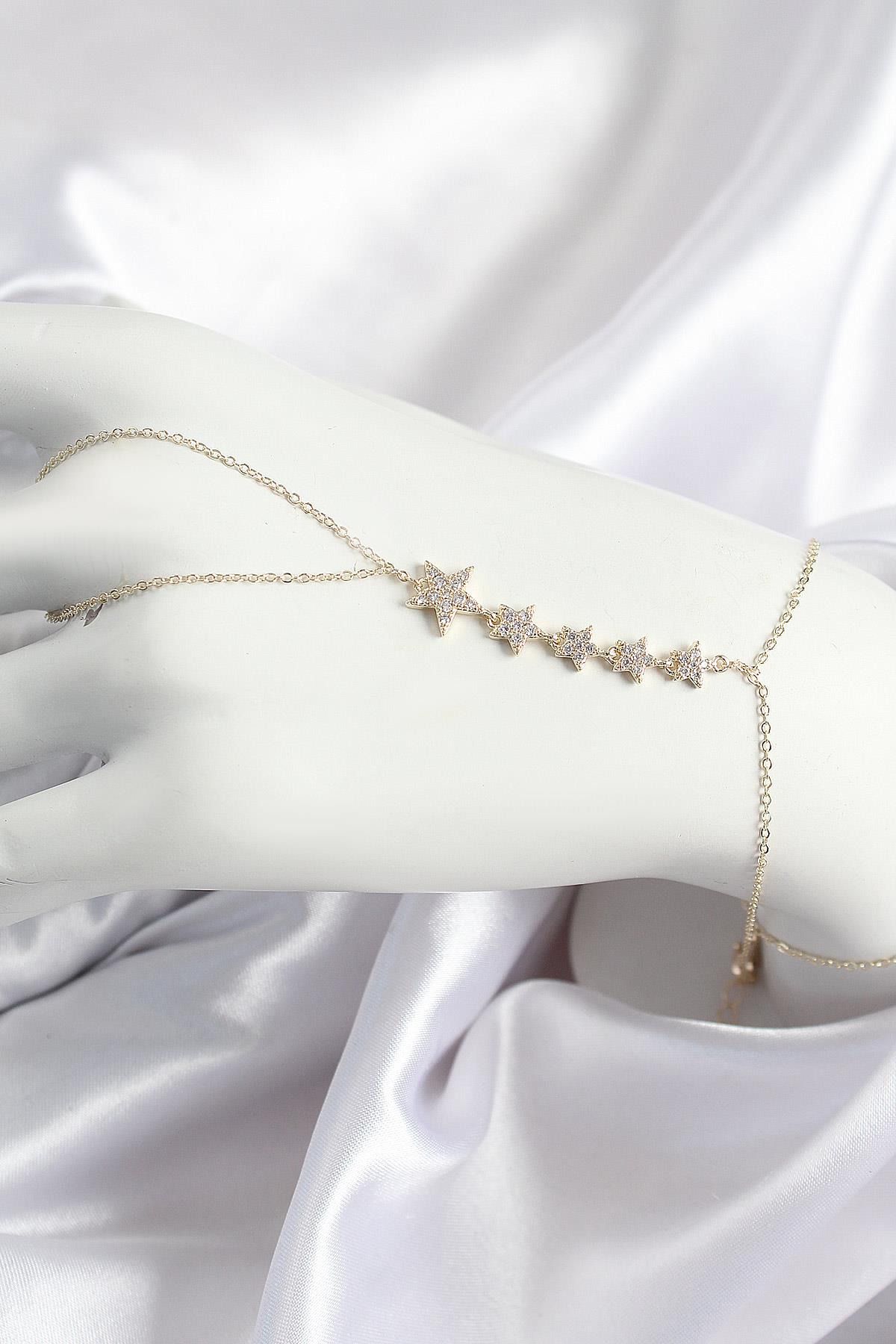 Pirinç Zirkon Taşlı Yıldız Model Gold Renk Kadın Şahmeran