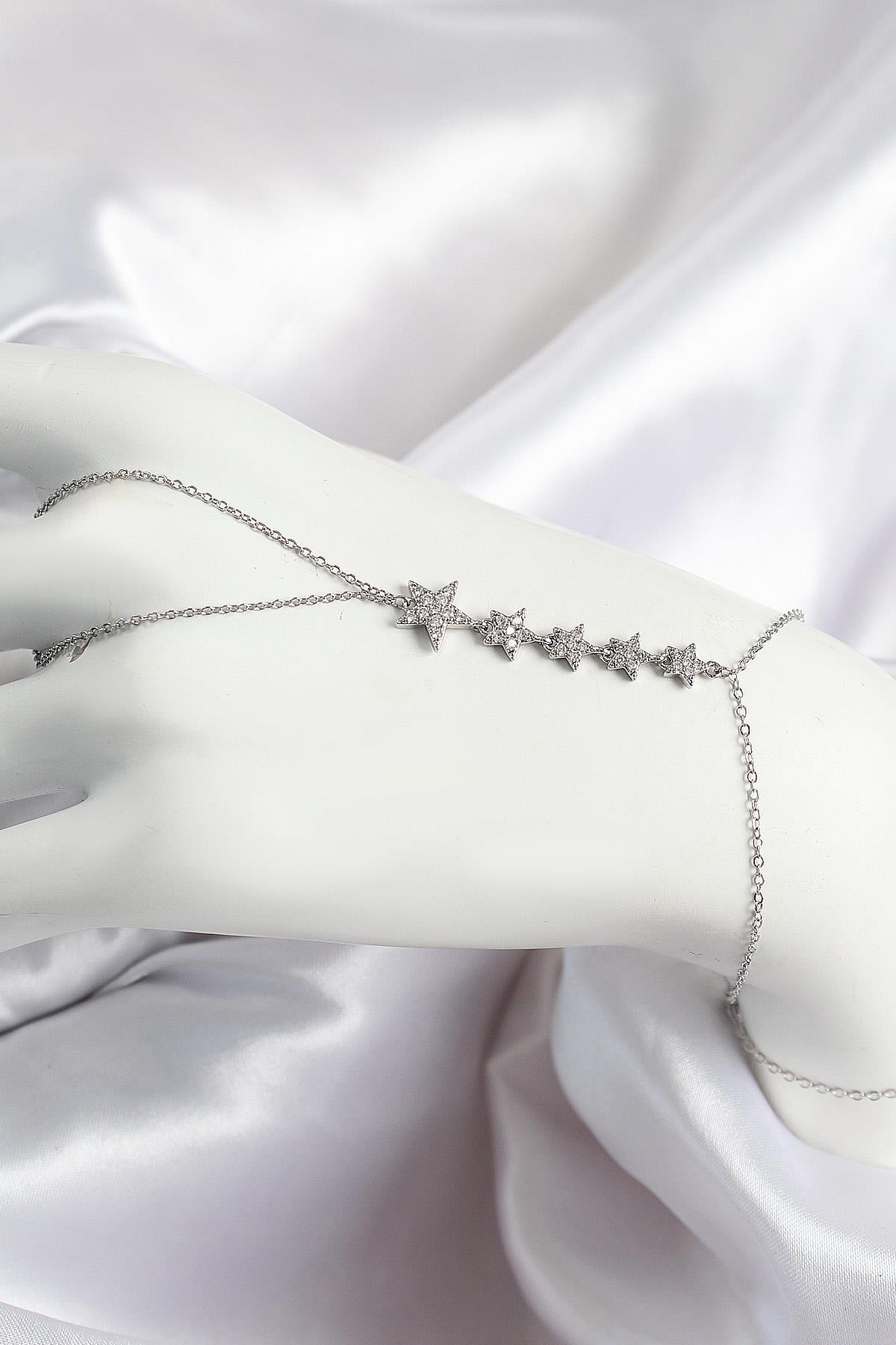 Pirinç Zirkon Taşlı Yıldız Model Gümüş Renk Kadın Şahmeran