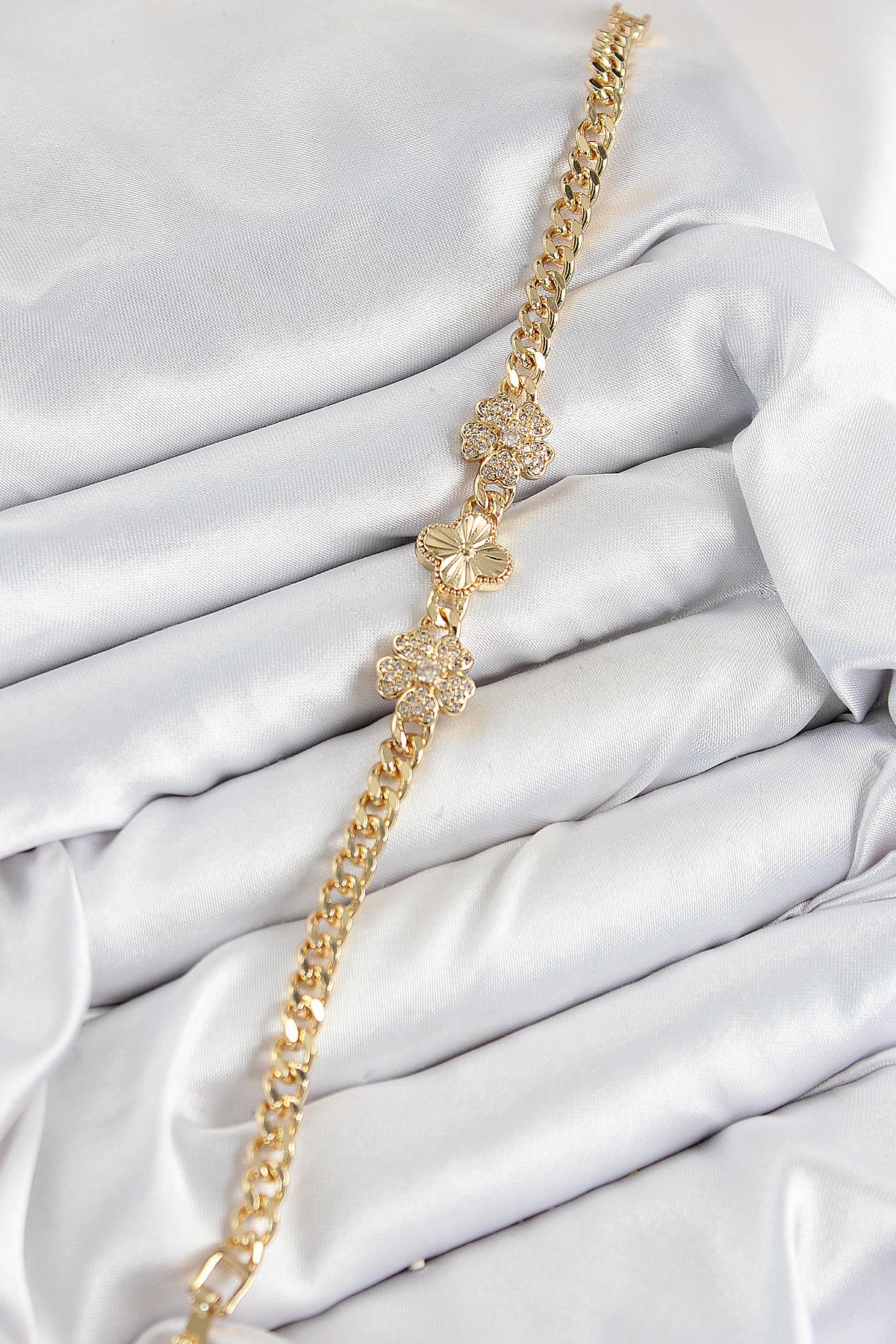 Pirinç Zirkon Taşlı Yonca Model Gold Renk Kadın Bileklik