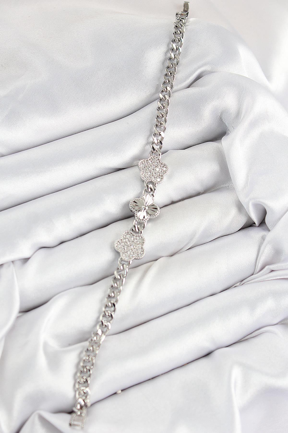 Pirinç Zirkon Taşlı Yonca Model Gümüş Renk Kadın Bileklik