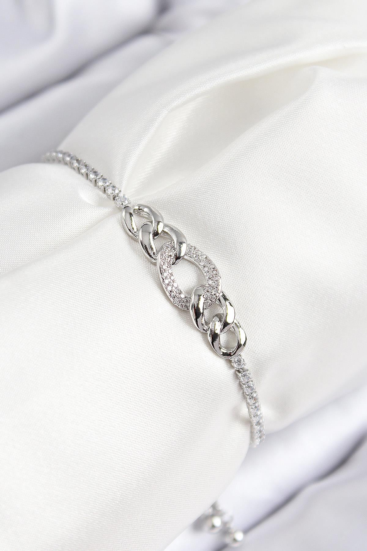 Pirinç Zirkon Taşlı Zincir Model Gümüş Renk Asansörlü Kadın Bileklik