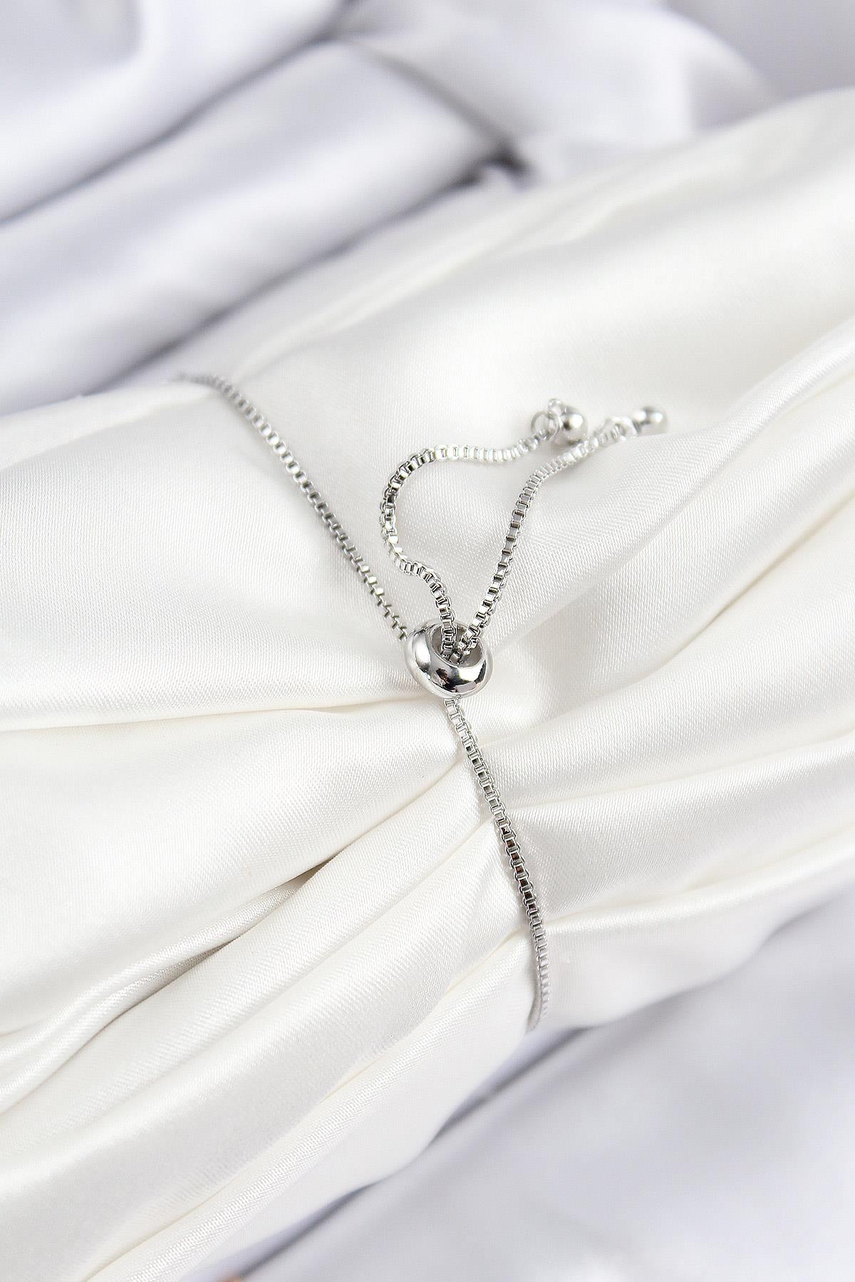 Pirinç Zirkon Taşlı Zincir Model Gümüş Renk Asansörlü Kadın Bileklik