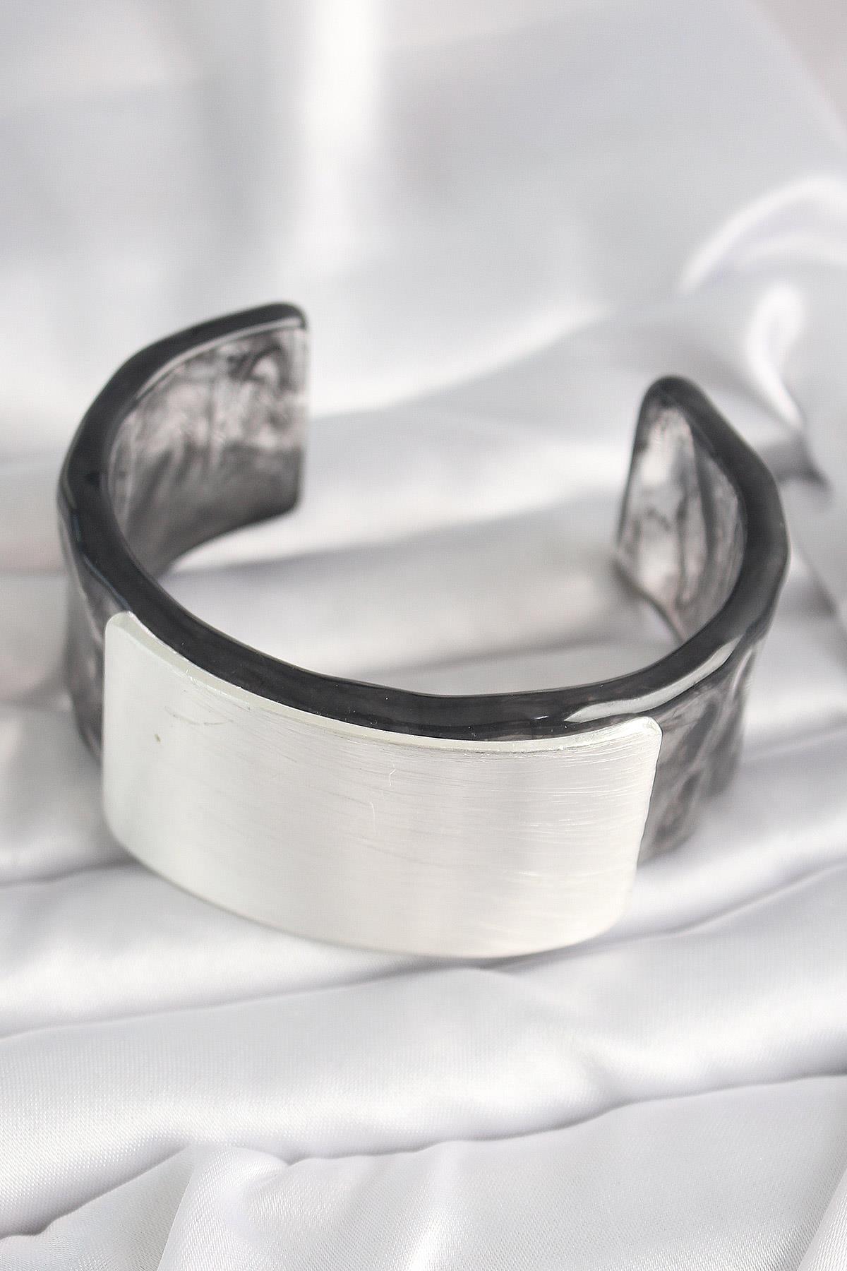 Siyah Mermer Desen Akrilik Plastik Dikdörtgen Plaka Model Vintage Kadın Bilezik