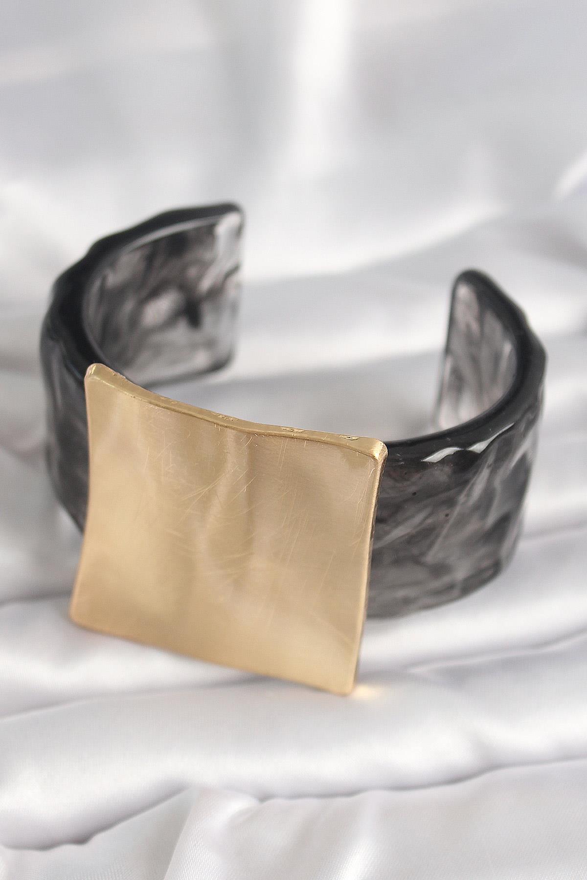 Siyah Mermer Desen Akrilik Plastik Gold Kare Plaka Model Vintage Kadın Bilezik