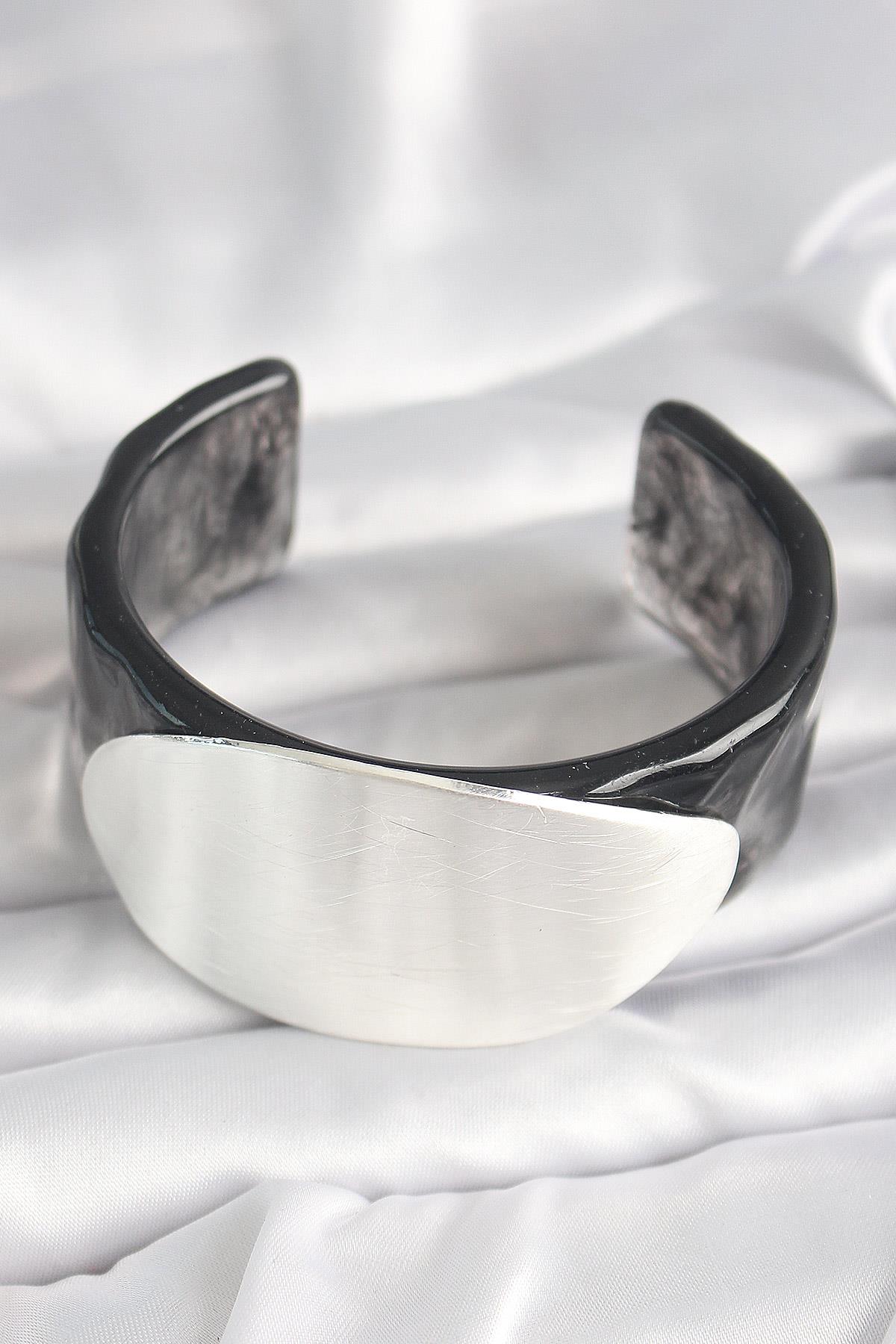 Siyah Mermer Desen Akrilik Plastik Gümüş Oval Plaka Model Vintage Kadın Bilezik