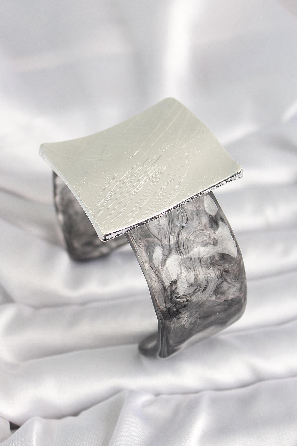 Siyah Mermer Desen Akrilik Plastik Gümüş Kare Plaka Model Vintage Kadın Bilezik