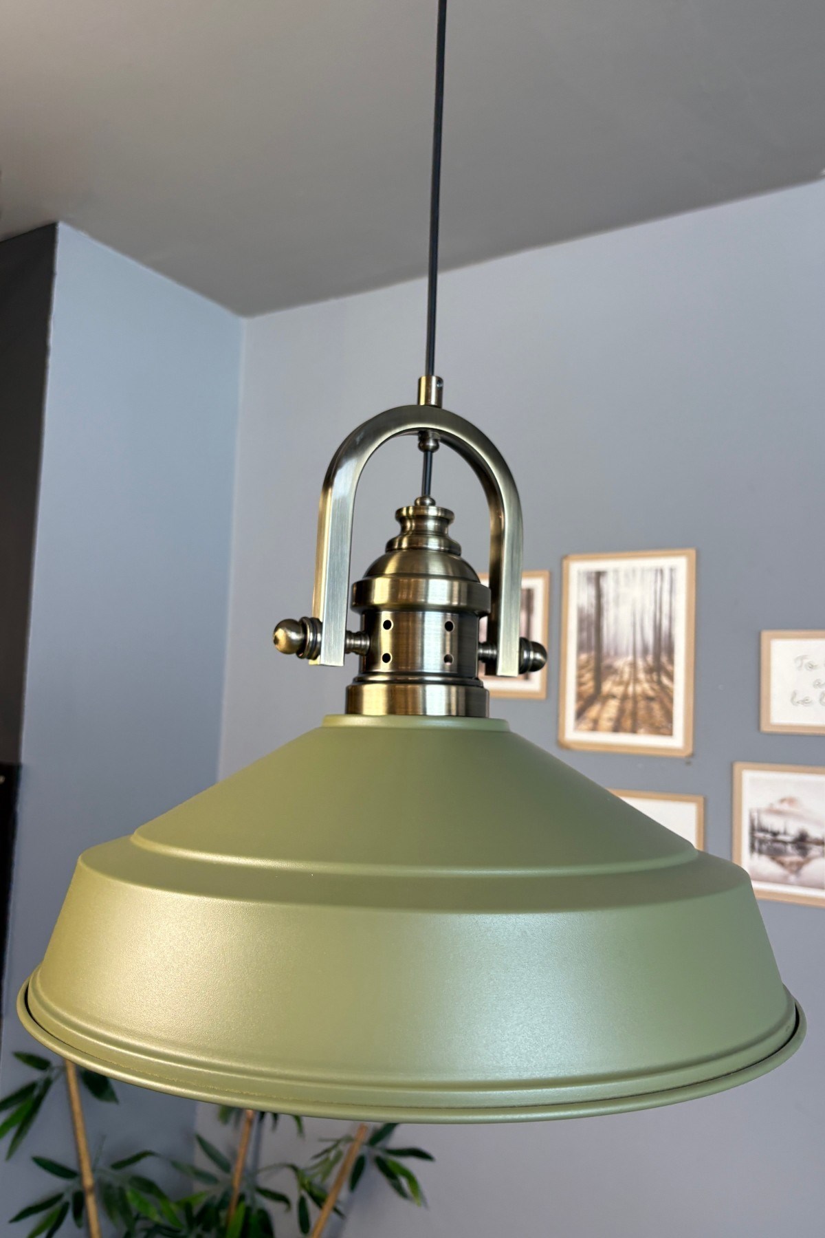 Asaletli Saz Yeşili Tekli Avize Delikli Eskitme Başlık Retro Sarkıt Lamba Restoran Salon Aydınlatma