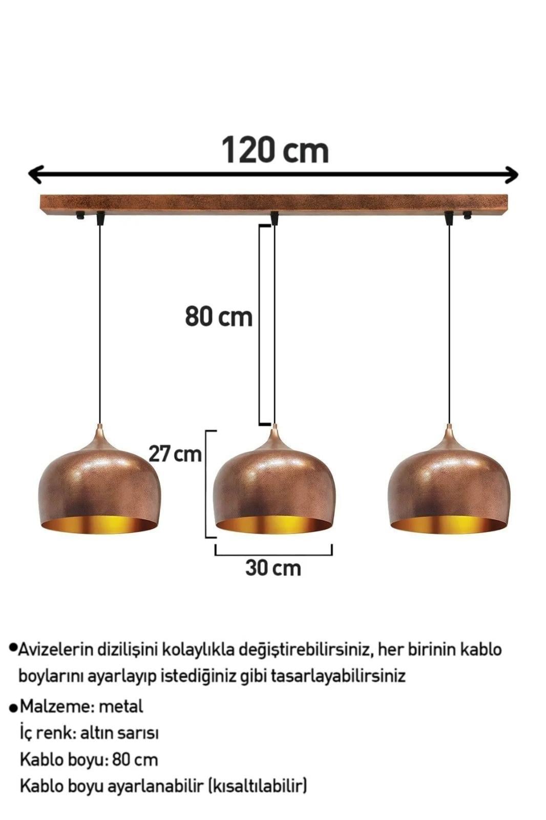 Bakır Rengi Yeni Nesil Avize Üçlü Lamba Retro Restoran Yemek Odası Pastane Kafe Salon Otel
