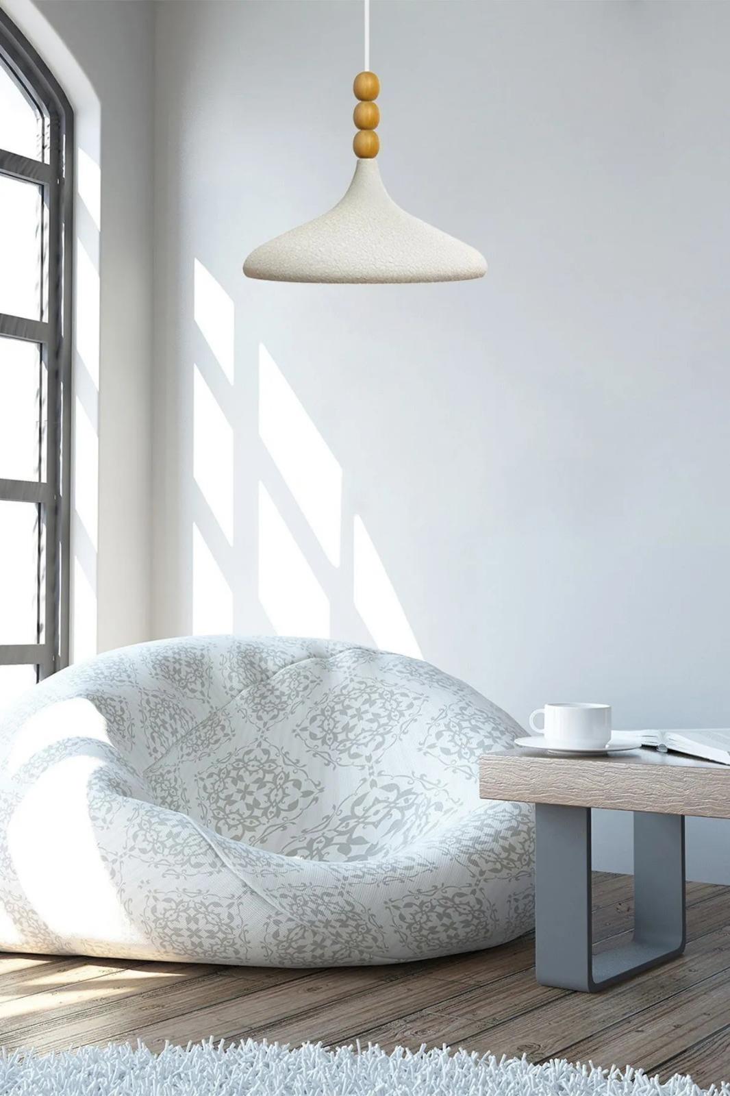 Bamyum Dokulu Açık Krem Champion Ahşap Boncuklu Tekli Avize Sarkıt Salon Mutfak  Cafe Butik Lamba Aydınlatma Avizeler