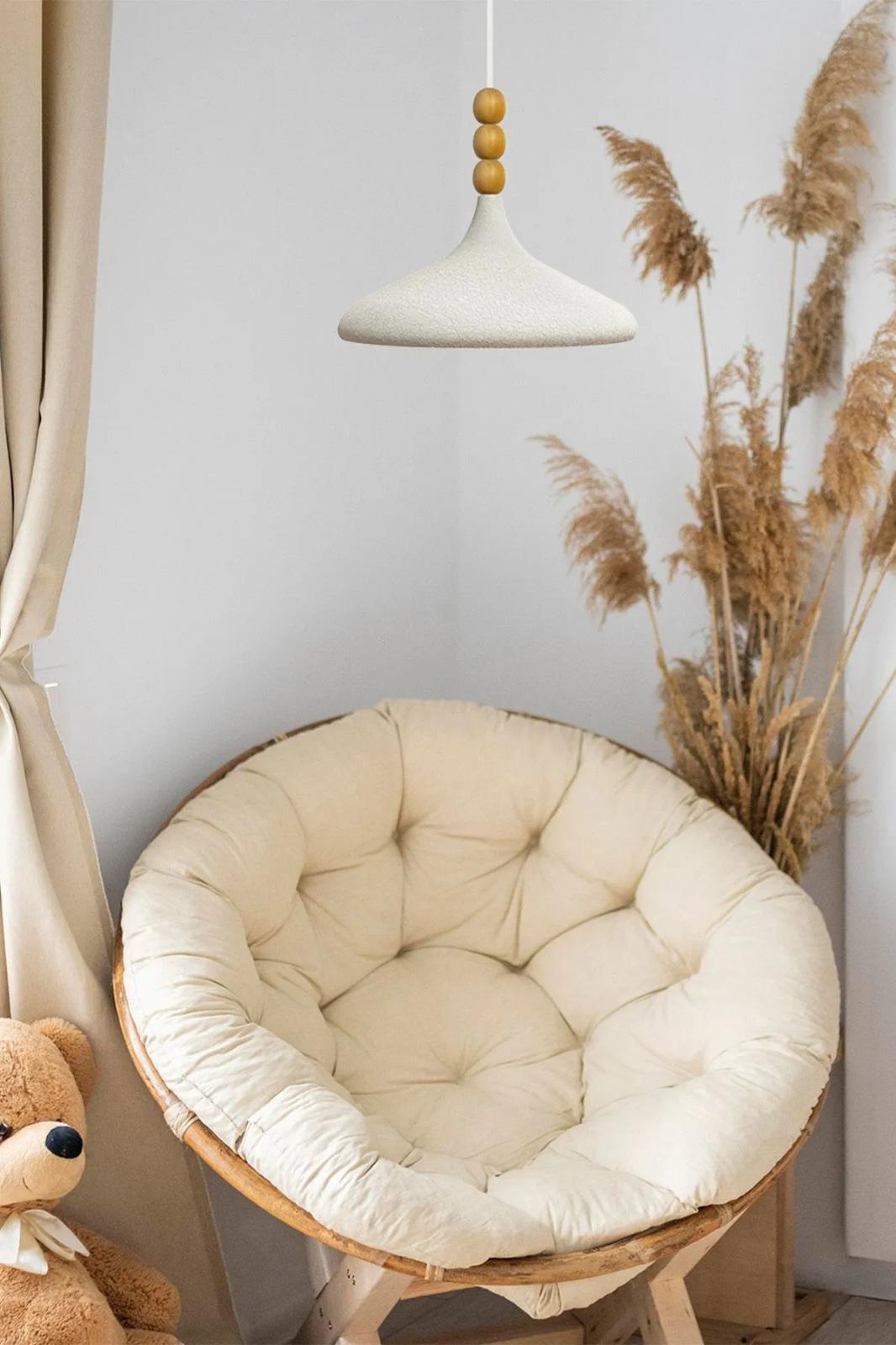 Bamyum Dokulu Açık Krem Champion Ahşap Boncuklu Tekli Avize Sarkıt Salon Mutfak  Cafe Butik Lamba Aydınlatma Avizeler