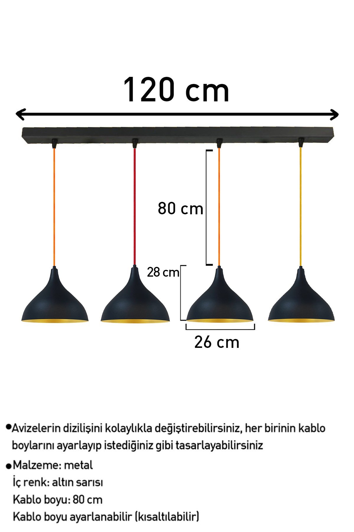 Bamyum Dörtlü Cakalı Uzun Siyah Avize Sarkıt Lamba Salon Masaüstü Mutfak Oturma Odası Otel Avizesi